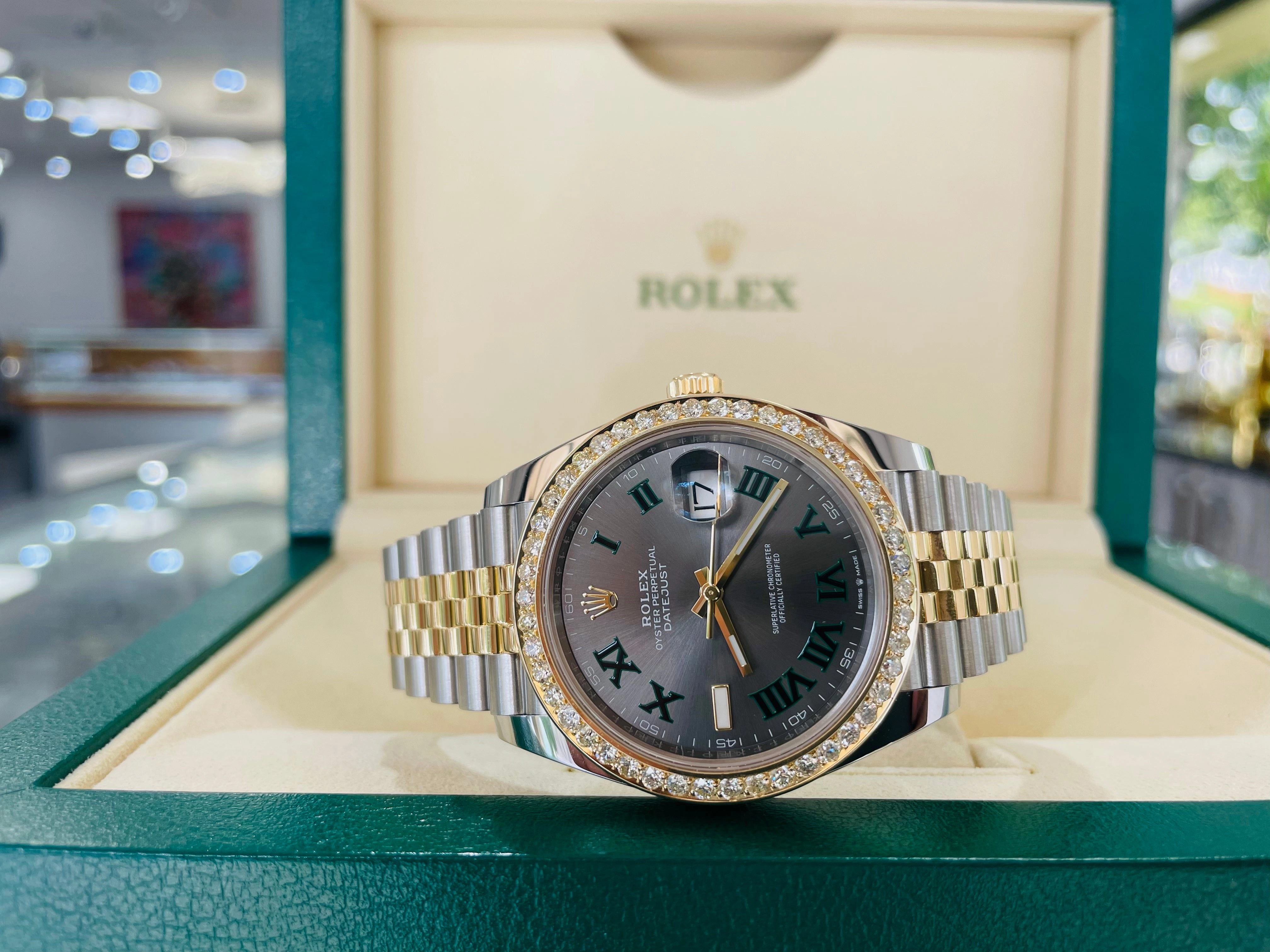 Rolex Datejust 41 Stainless Steel & Slate 'Wimbledon' Roman Dial Jubilee Bracelet 126303 Custom 2.50ct Diamond Bezel Box and Papers Unworn