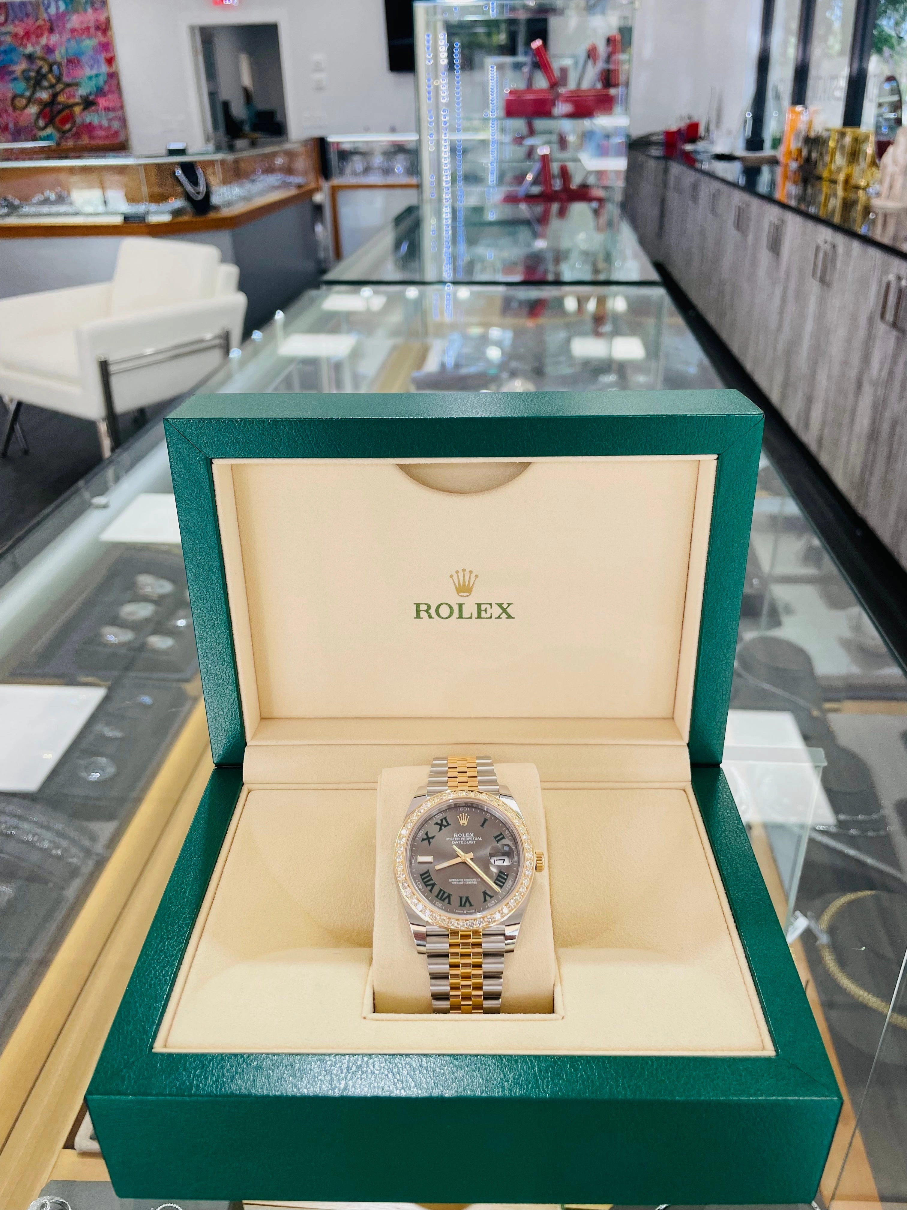 Rolex Datejust 41 Stainless Steel & Slate 'Wimbledon' Roman Dial Jubilee Bracelet 126303 Custom 2.50ct Diamond Bezel Box and Papers Unworn
