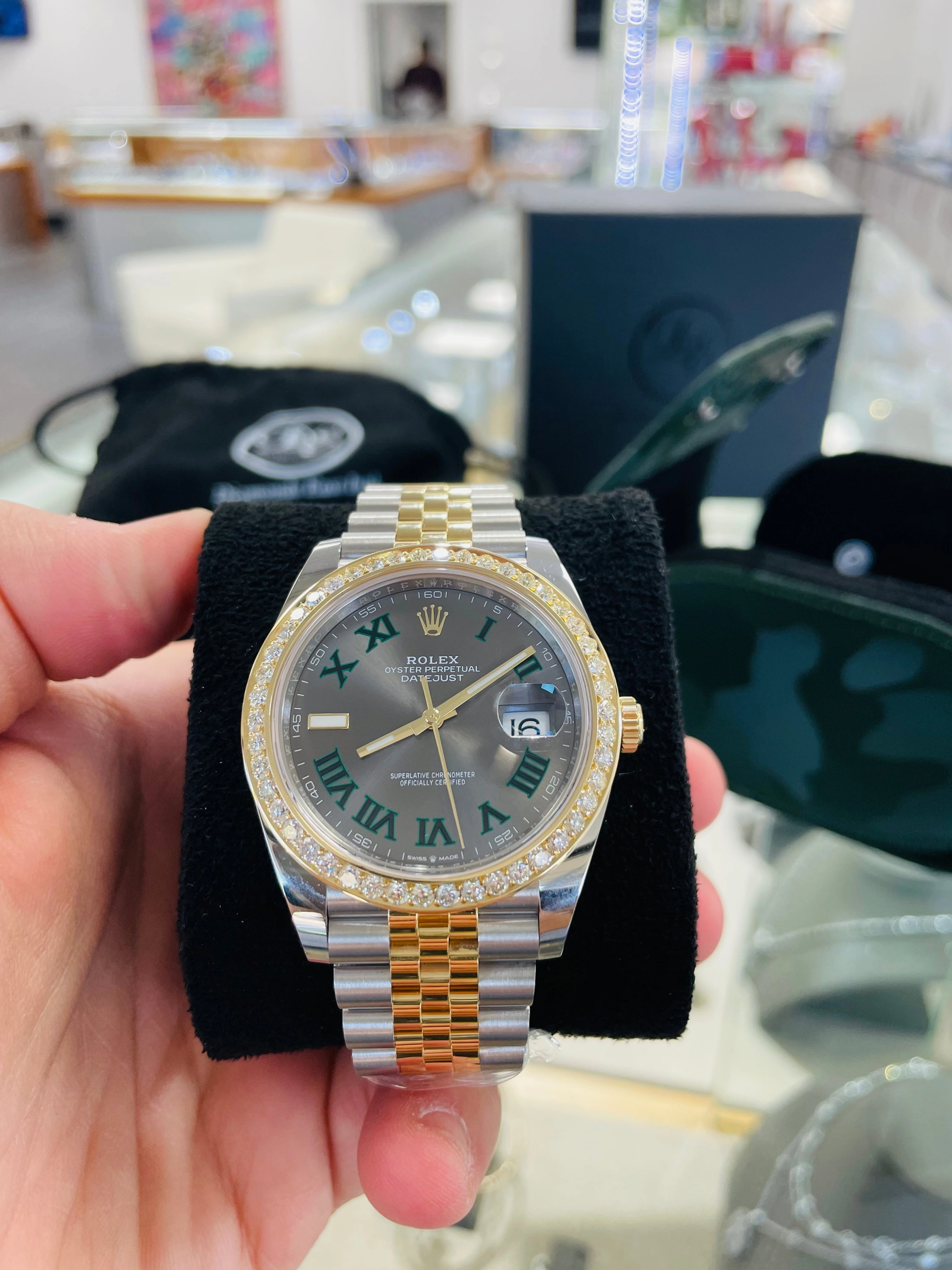 Rolex Datejust 41 Stainless Steel & Slate 'Wimbledon' Roman Dial Jubilee Bracelet 126303 Custom 2.50ct Diamond Bezel Box and Papers Unworn