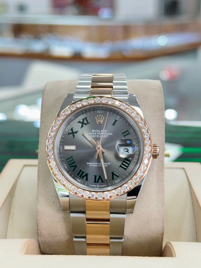 Rolex Datejust 41 Wimbledon 126301 Steel and 18K EverRose 2.85CT Custom Diamond Bezel Box and Papers Unworn