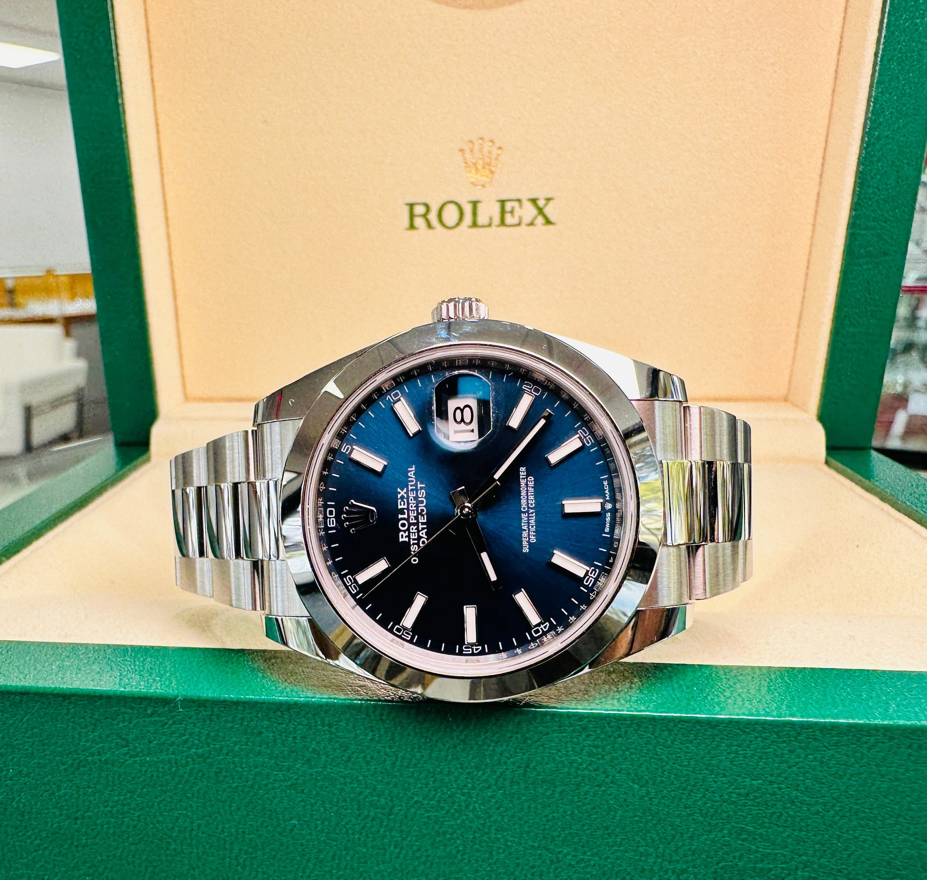 Rolex Datejust 41mm 126300 Blue Stick Dial Smooth Bezel Box  and Papers Unworn