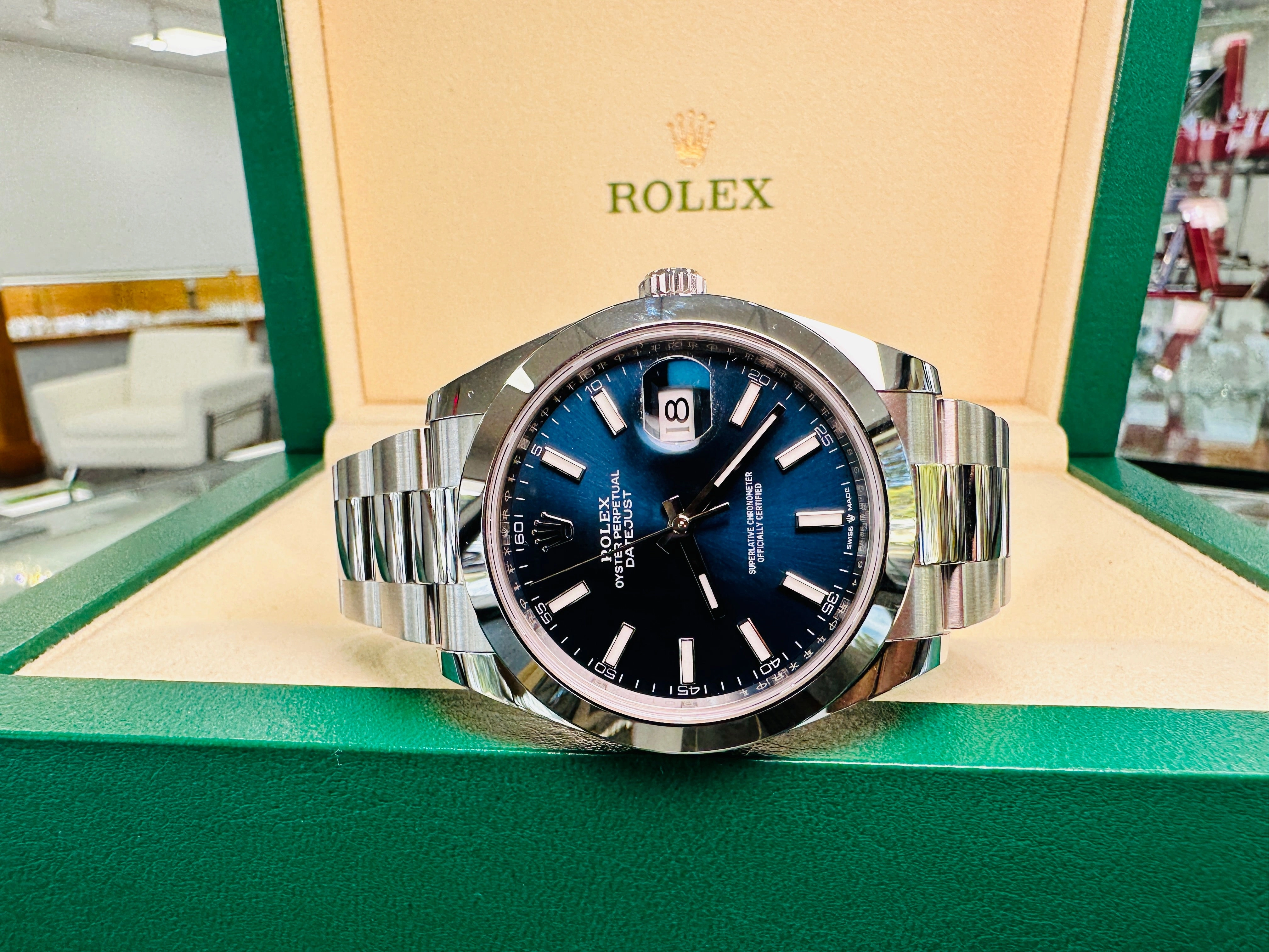 Rolex Datejust 41mm 126300 Blue Stick Dial Smooth Bezel Box  and Papers Unworn
