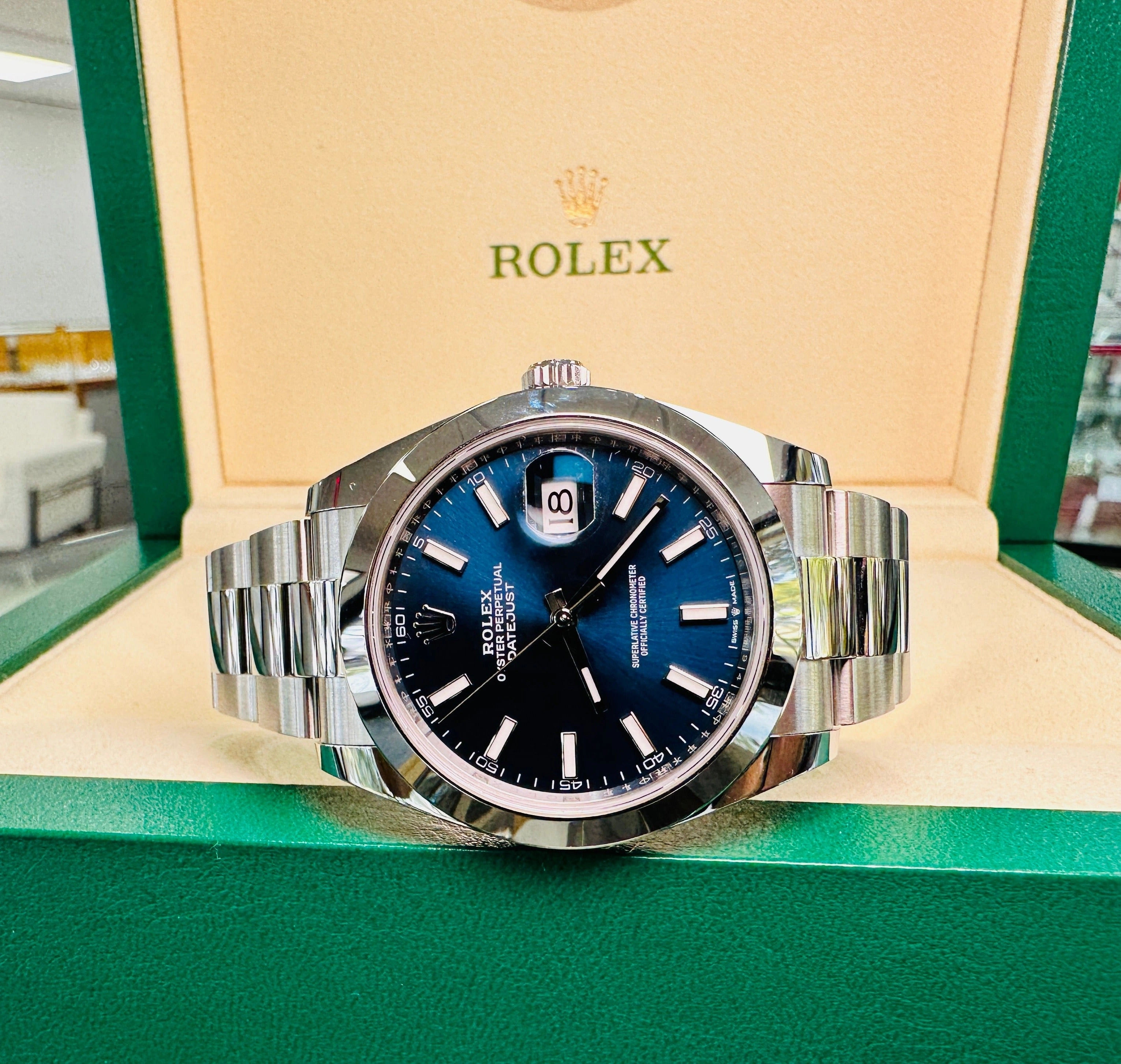 Rolex Datejust 41mm 126300 Blue Stick Dial Smooth Bezel Box  and Papers Unworn