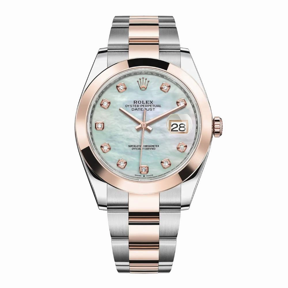 Rolex Datejust 41mm - Ref: 126301-0013 - White Mother of Pearl Diamond Dial, Two Tone Stainless Steel & 18K Rose Gold Oyster Bracelet Men's Watch