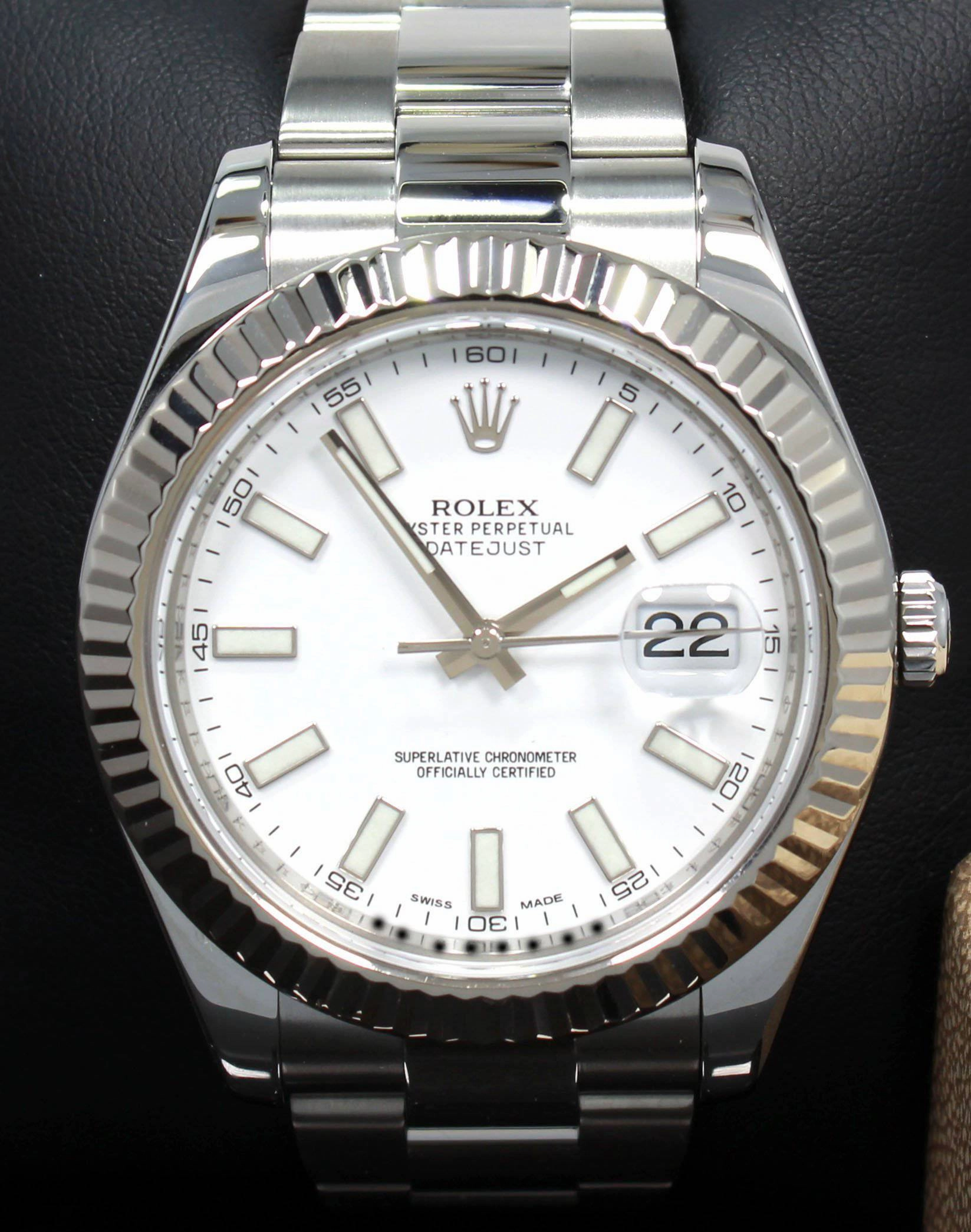 Rolex Datejust II 116334 41mm White Dial 18K White Gold Fluted Bezel Watch MINT