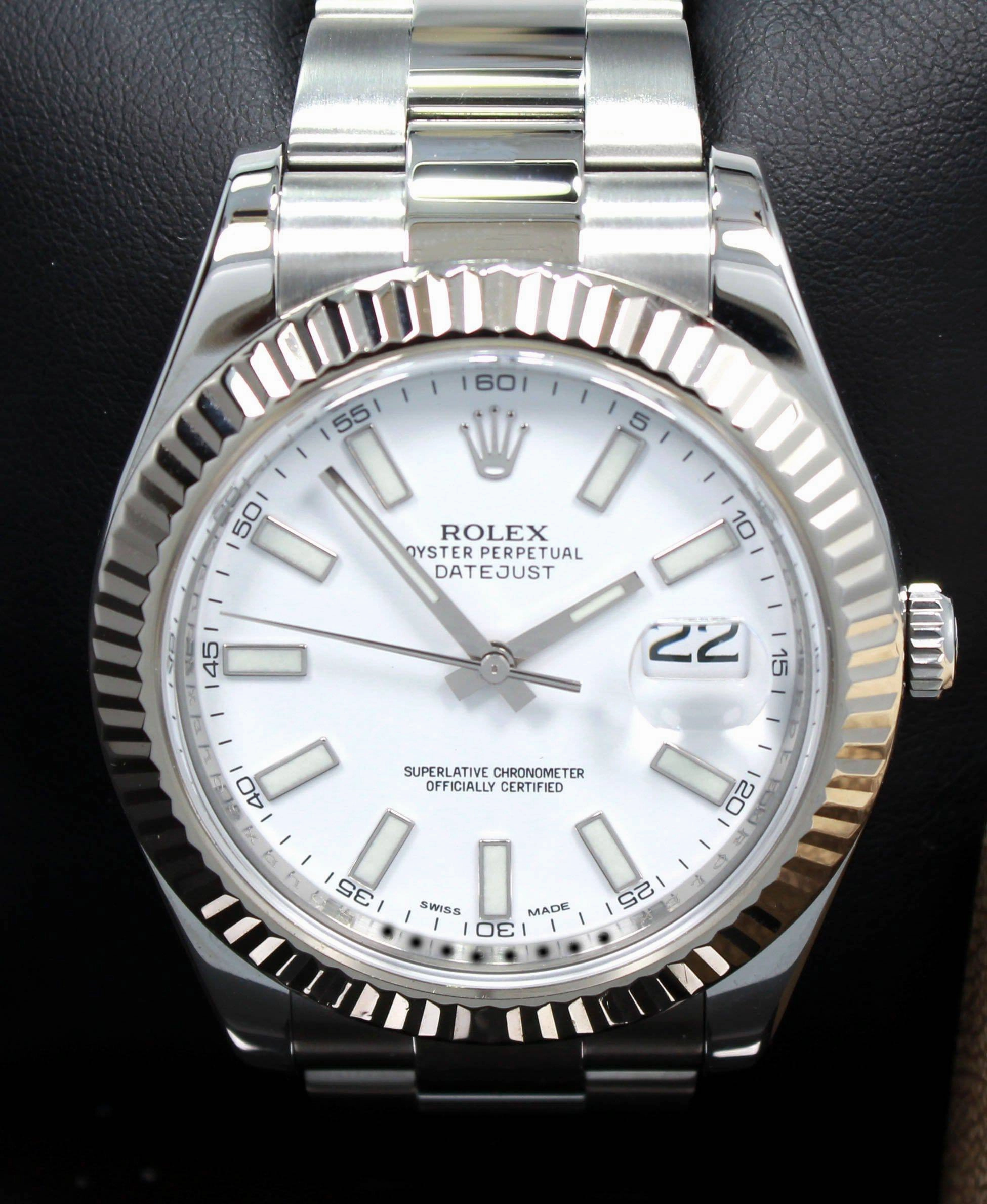 Rolex Datejust II 116334 41mm White Dial 18K White Gold Fluted Bezel Watch MINT