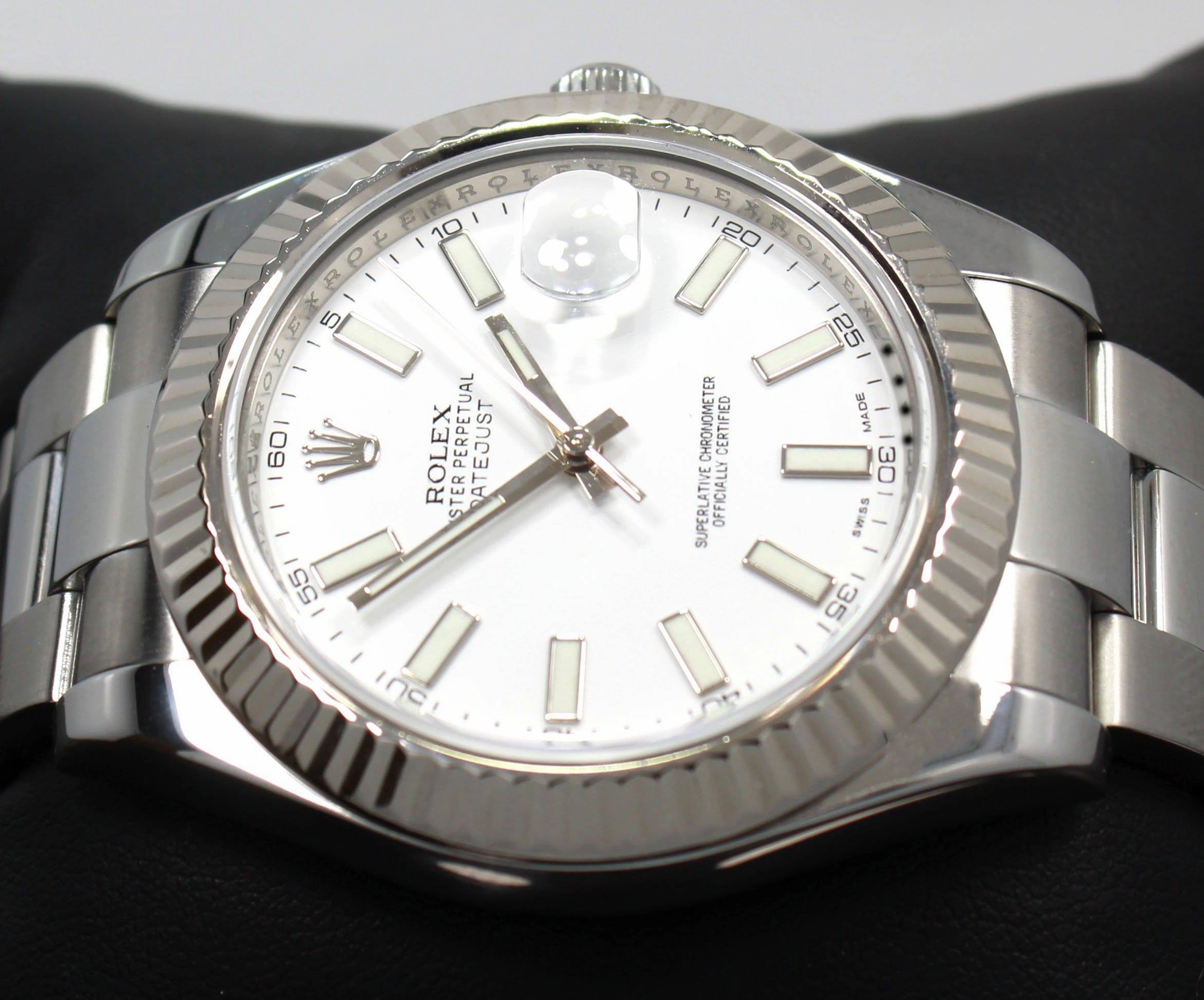 Rolex Datejust II 116334 41mm White Dial 18K White Gold Fluted Bezel Watch MINT