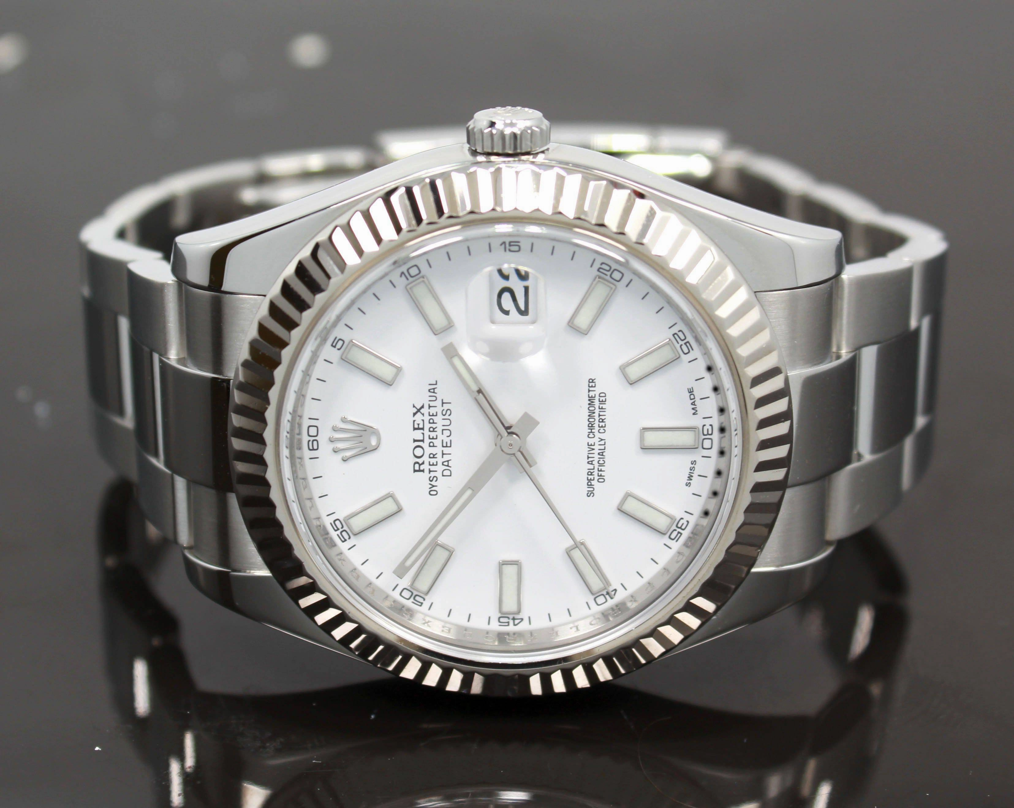 Rolex Datejust II 116334 41mm White Dial 18K White Gold Fluted Bezel Watch MINT