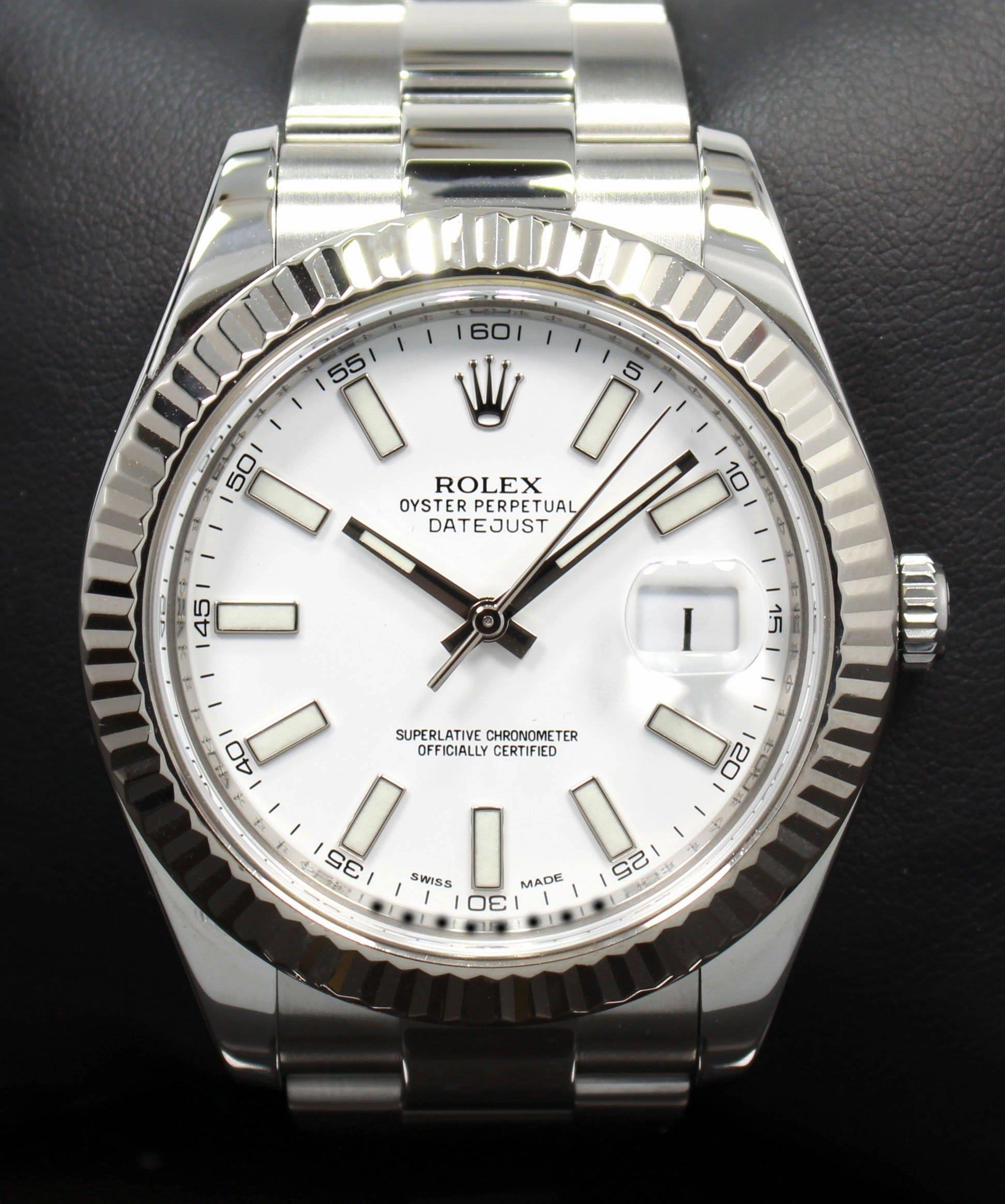 Rolex Datejust II 116334 41mm White Dial 18K White Gold Fluted Bezel Watch PAPERS MINT