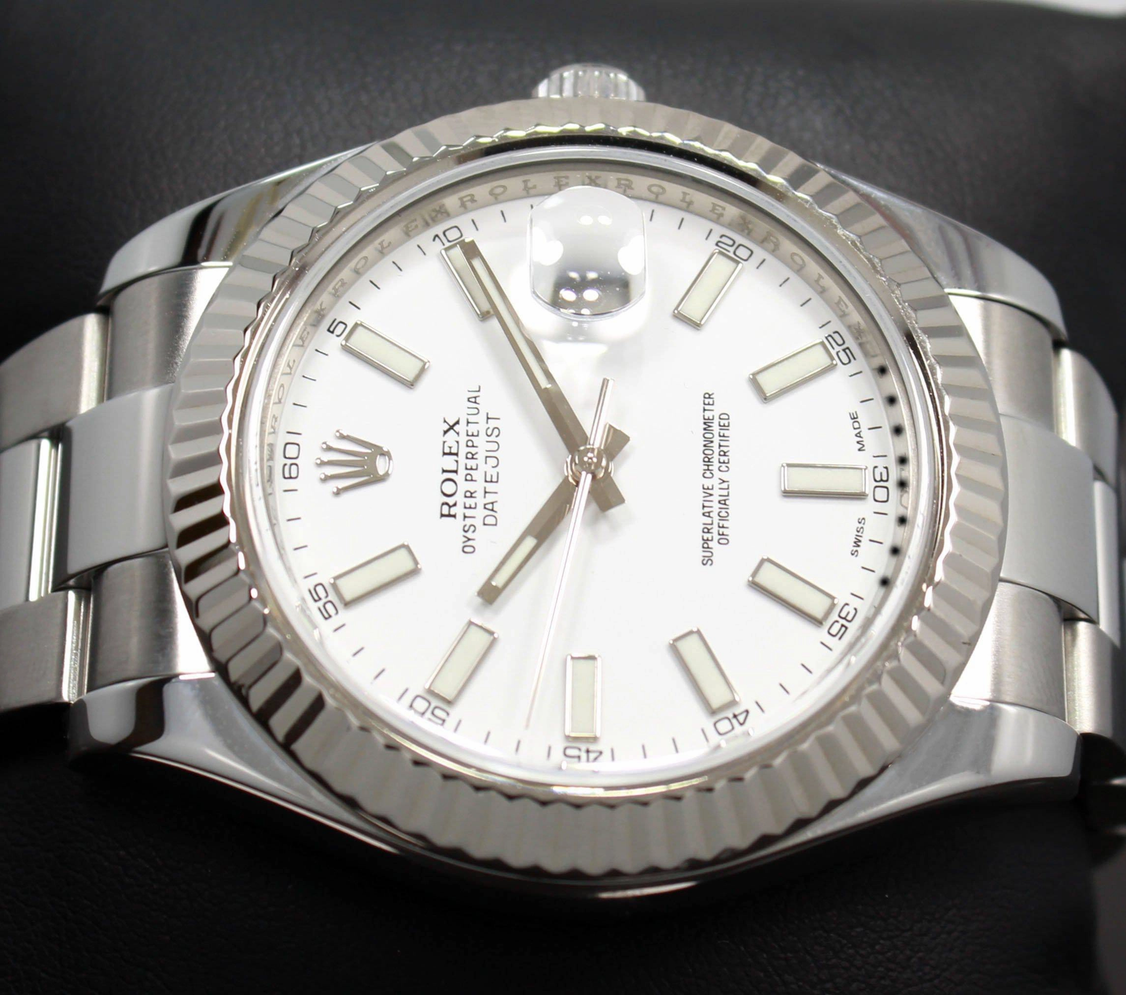 Rolex Datejust II 116334 41mm White Dial 18K White Gold Fluted Bezel Watch PAPERS MINT