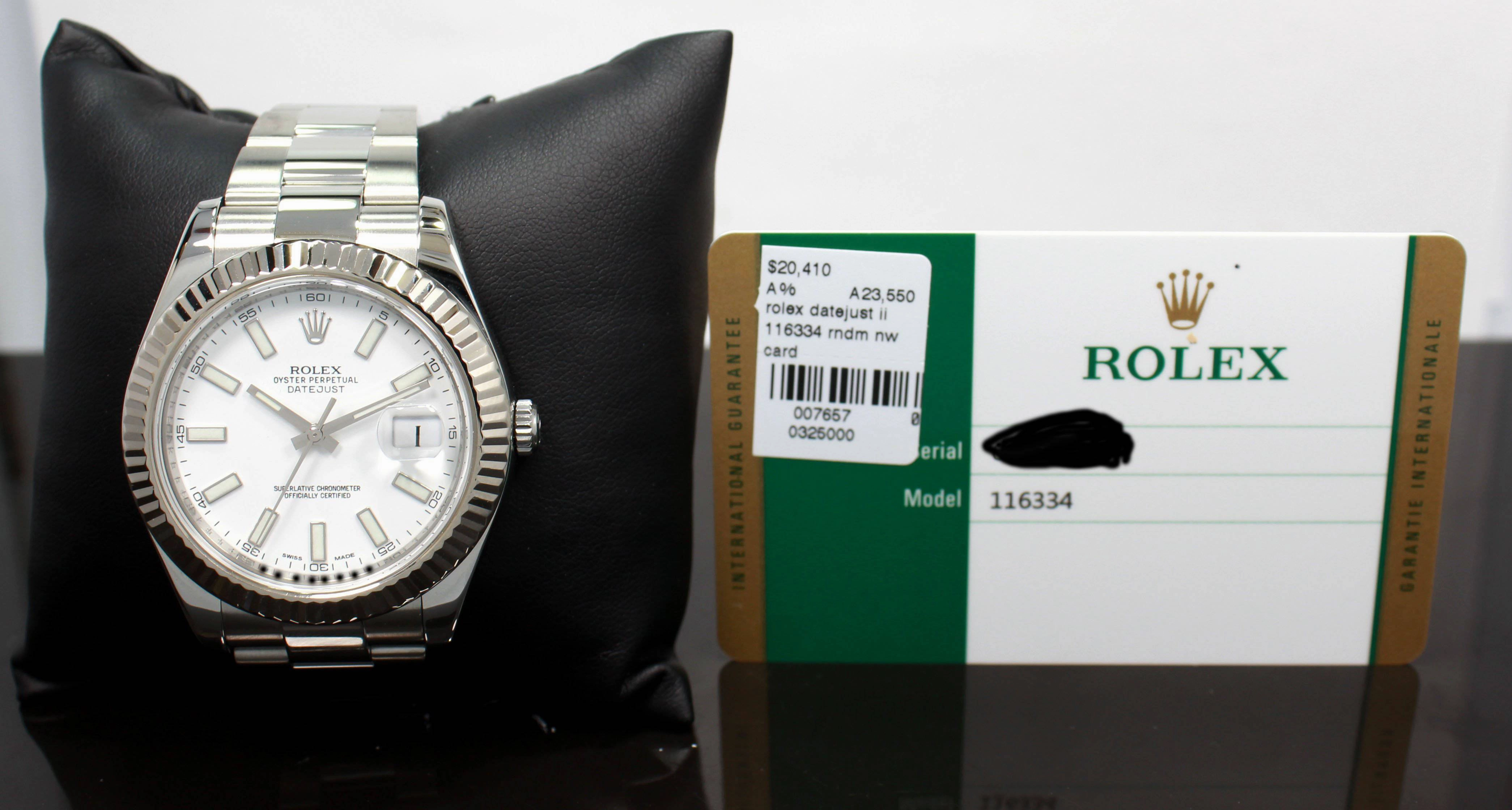 Rolex Datejust II 116334 41mm White Dial 18K White Gold Fluted Bezel Watch PAPERS MINT