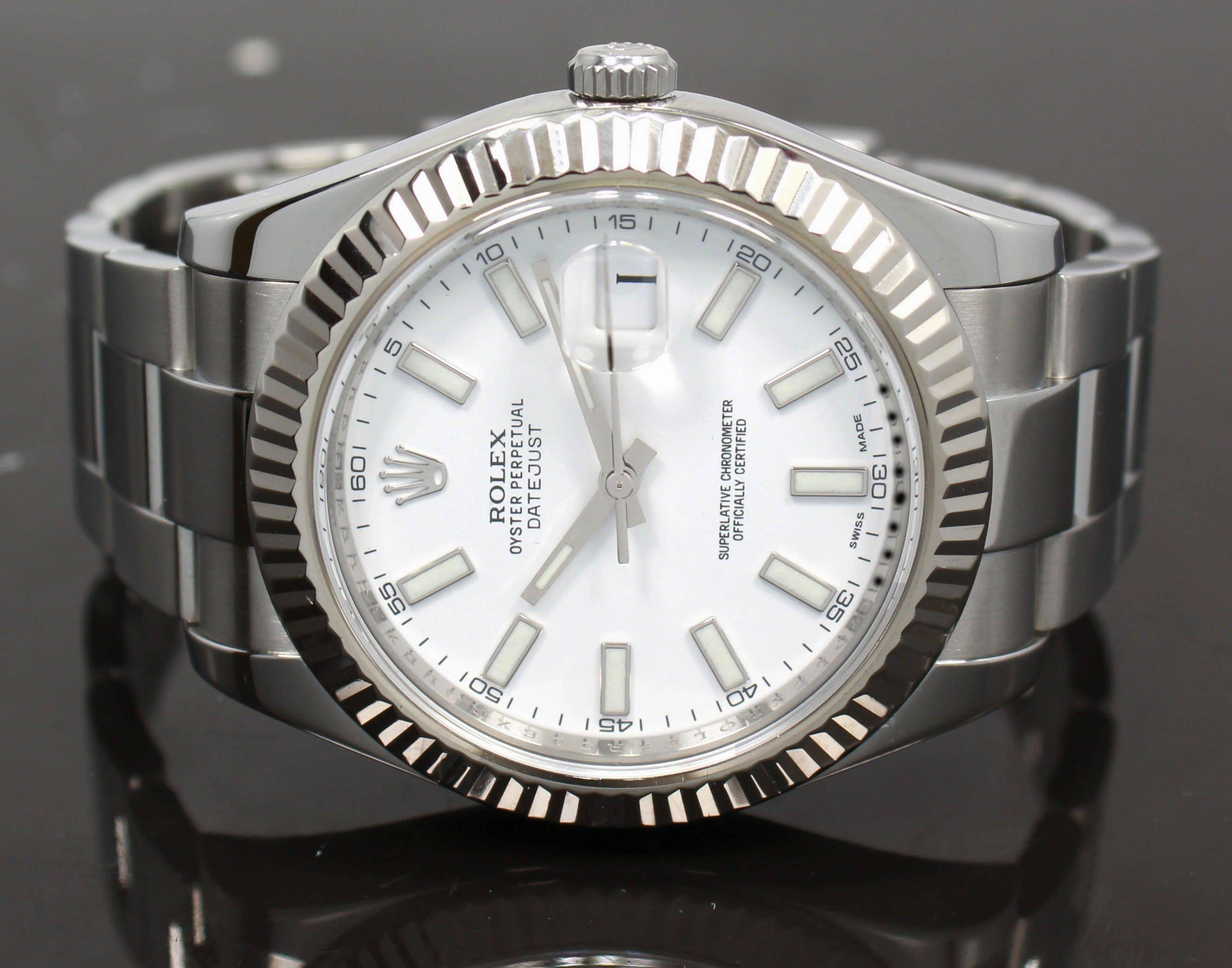 Rolex Datejust II 116334 41mm White Dial 18K White Gold Fluted Bezel Watch PAPERS MINT