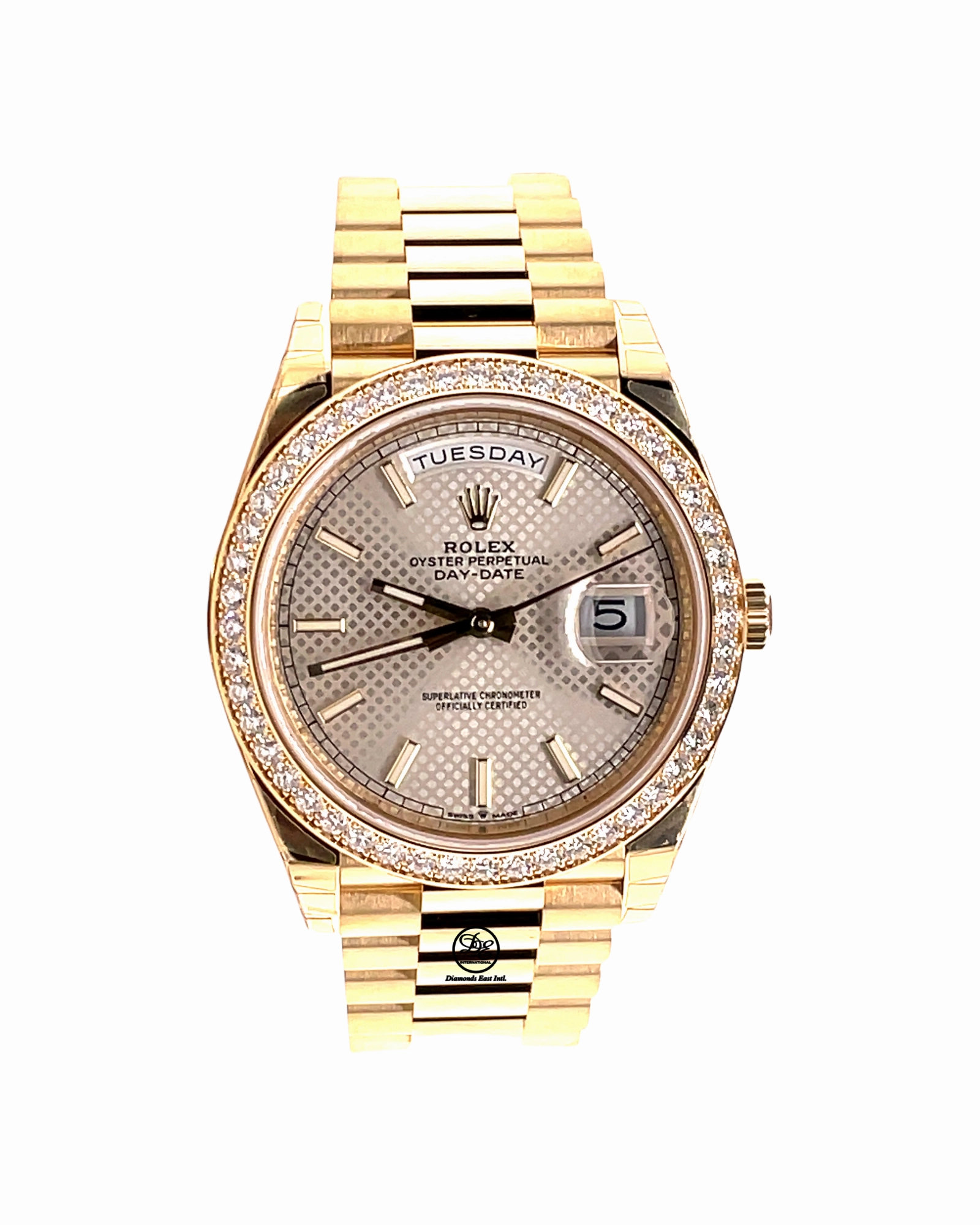 Rolex Day-Date 228348RBR President 18k Yellow Gold Diamond Bezel Silver Motif Dial