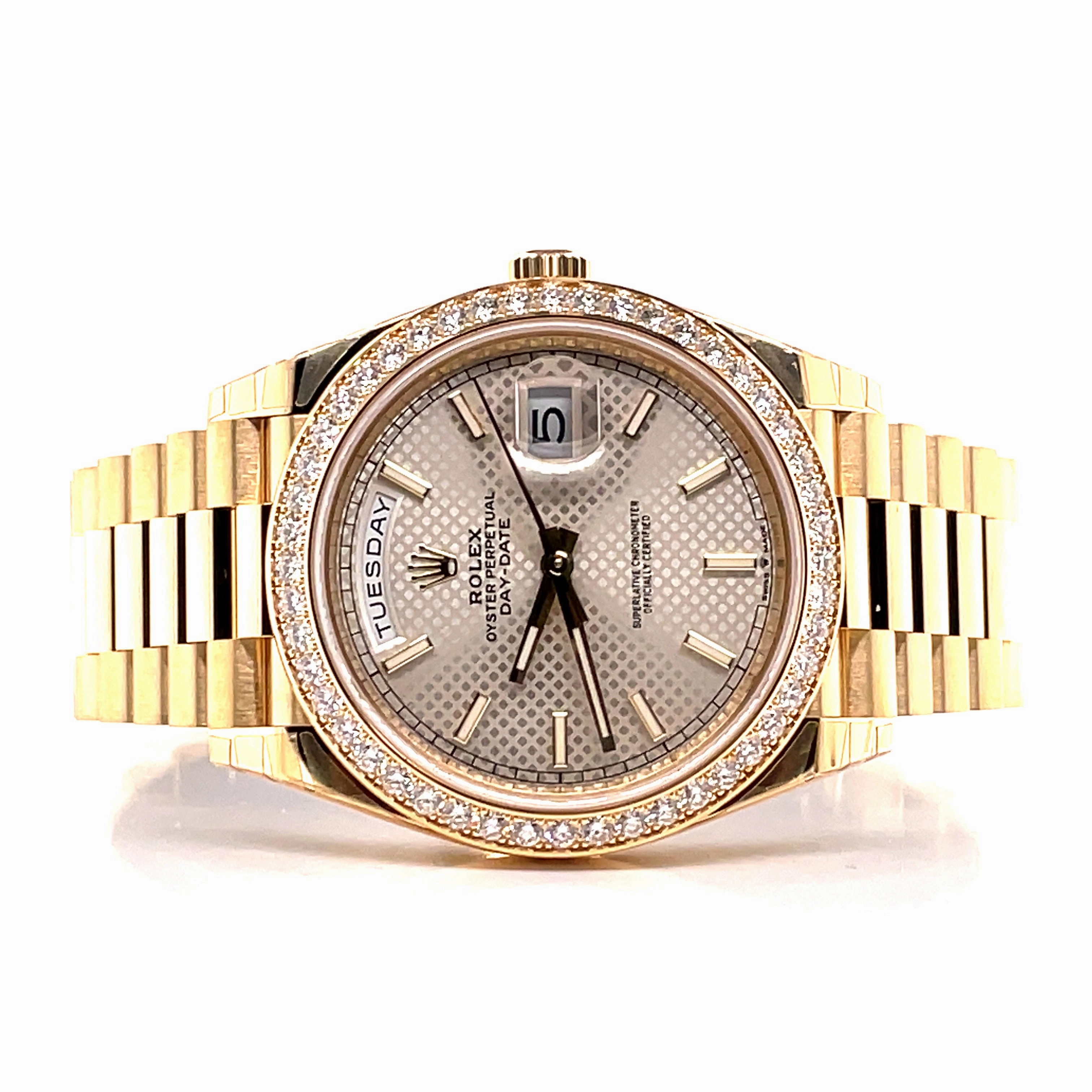 Rolex Day-Date 228348RBR President 18k Yellow Gold Diamond Bezel Silver Motif Dial