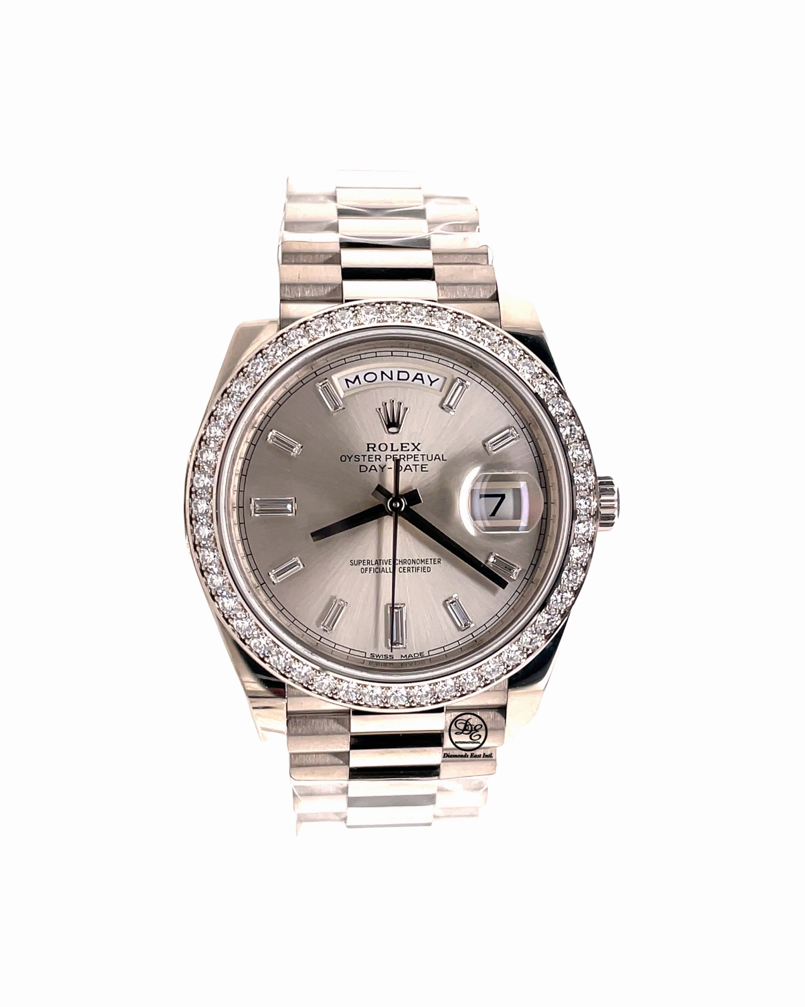 Rolex Day-Date 228349RBR President 18k White Gold Diamond Bezel Silver Baguette Diamond Dial
