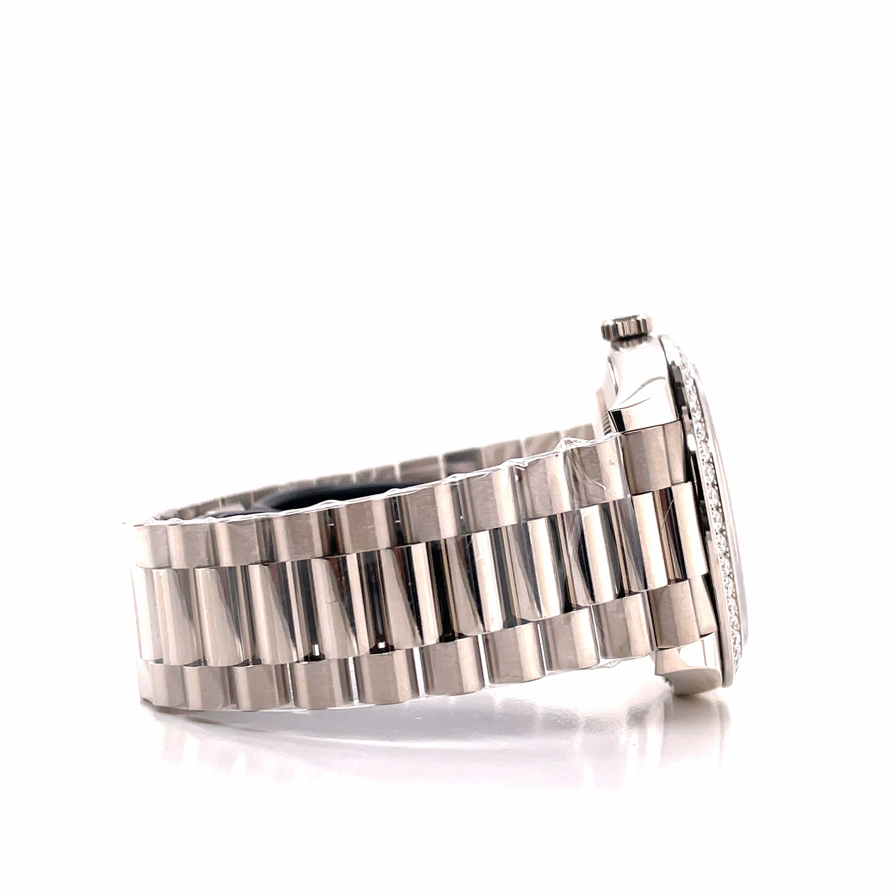 Rolex Day-Date 228349RBR President 18k White Gold Diamond Bezel Silver Baguette Diamond Dial