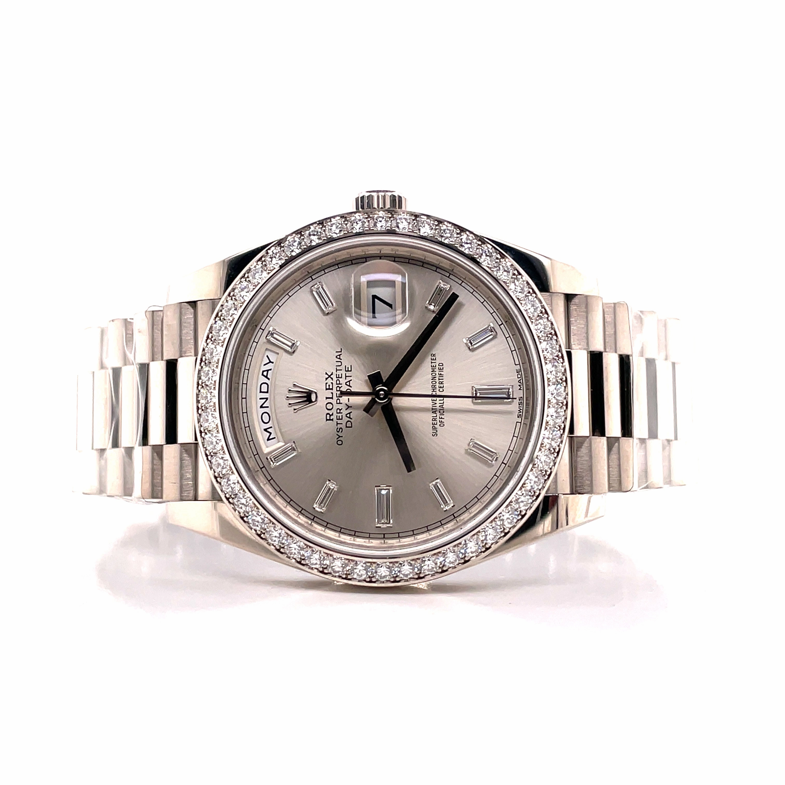 Rolex Day-Date 228349RBR President 18k White Gold Diamond Bezel Silver Baguette Diamond Dial