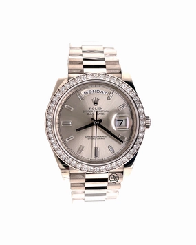 Rolex Day-Date 228349RBR President 18k White Gold Diamond Bezel Silver Baguette Diamond Dial