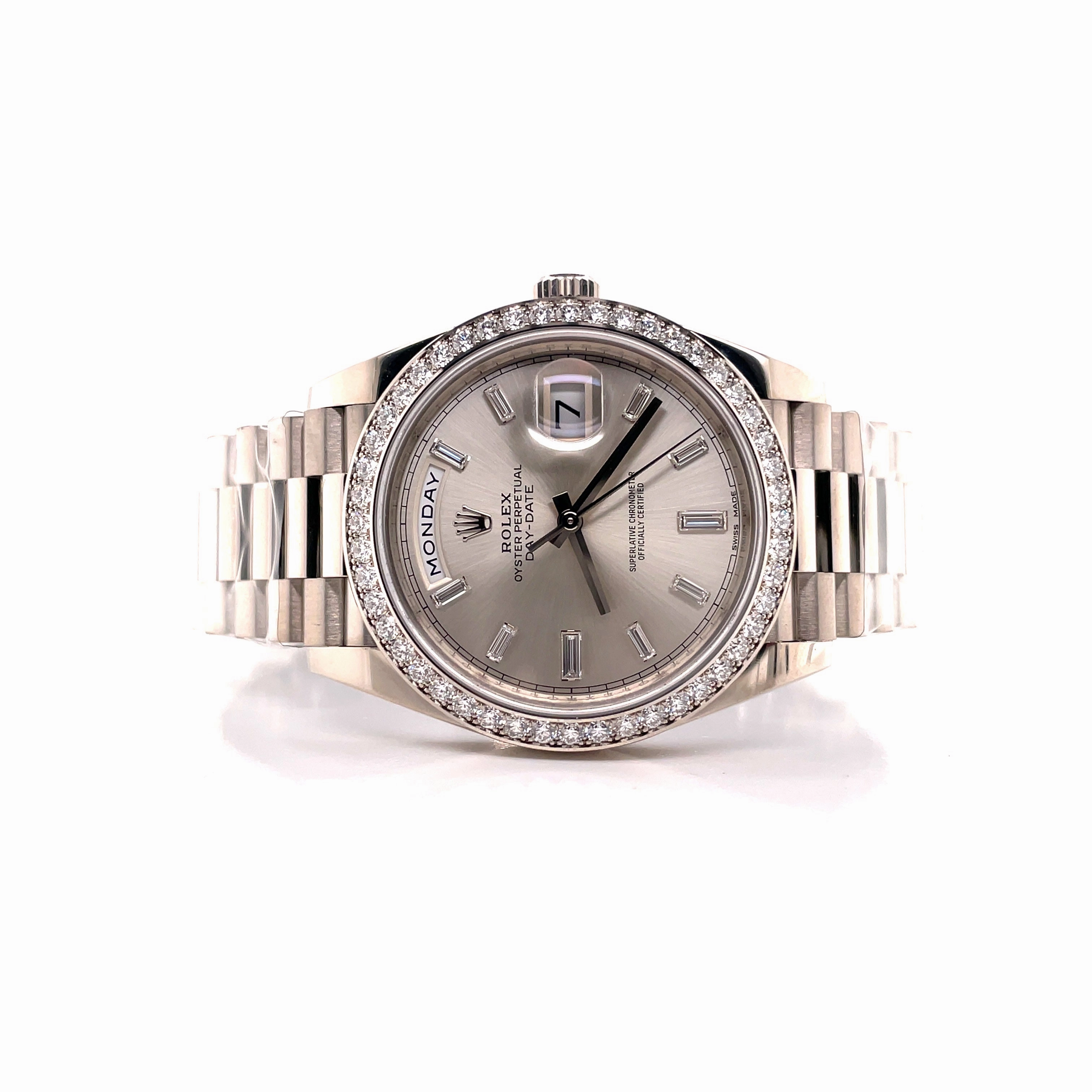 Rolex Day-Date 228349RBR President 18k White Gold Diamond Bezel Silver Baguette Diamond Dial