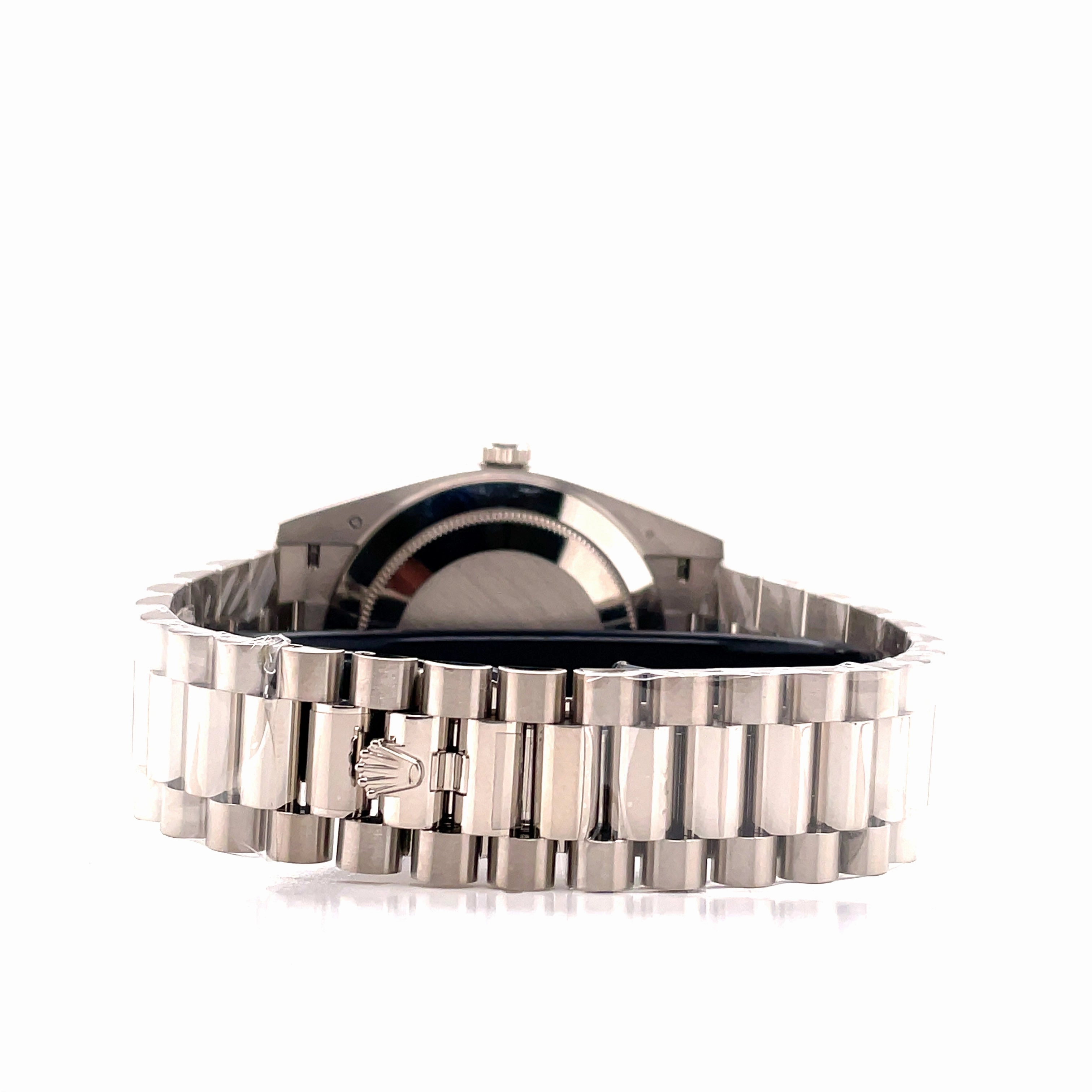 Rolex Day-Date 228349RBR President 18k White Gold Diamond Bezel Silver Baguette Diamond Dial