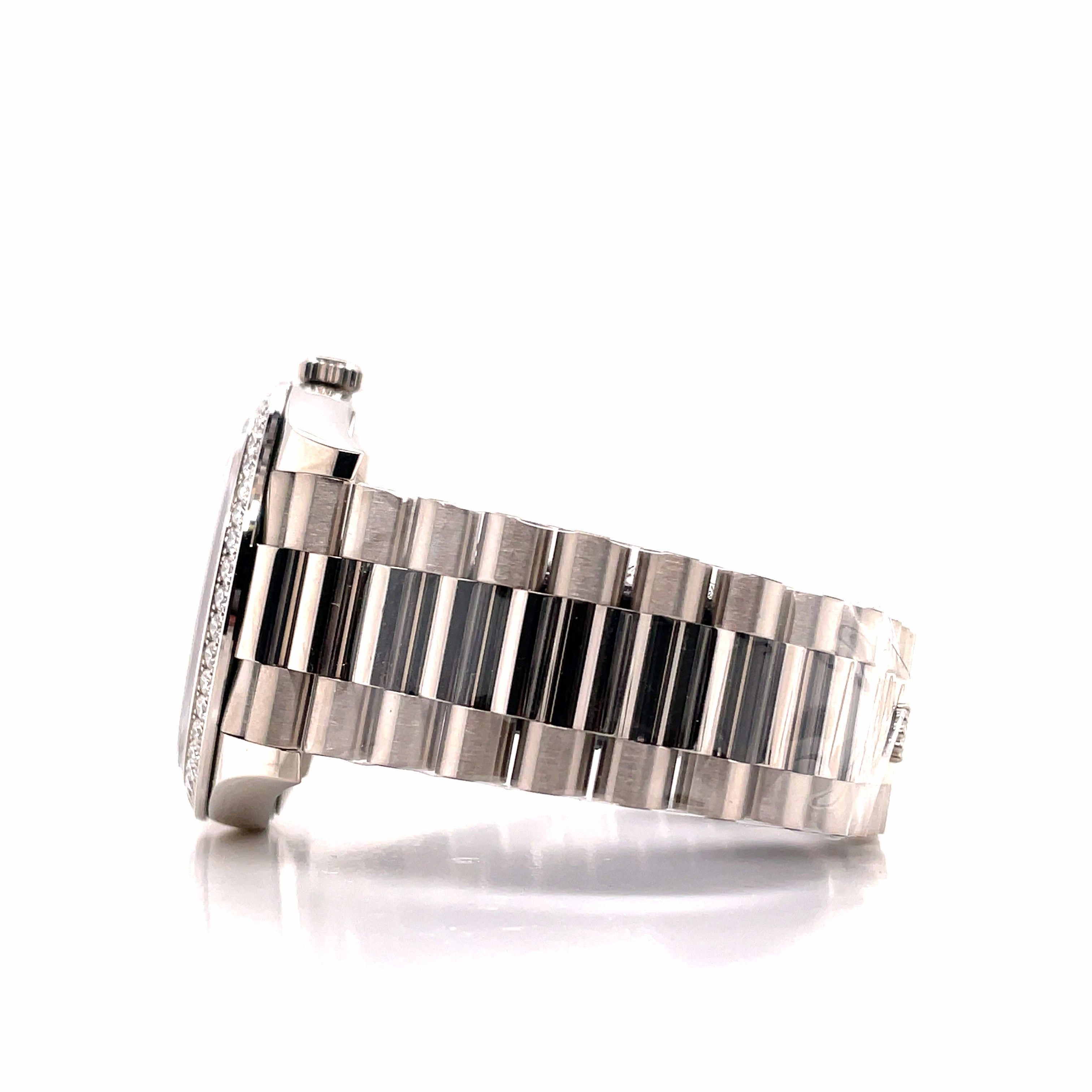 Rolex Day-Date 228349RBR President 18k White Gold Diamond Bezel Silver Baguette Diamond Dial