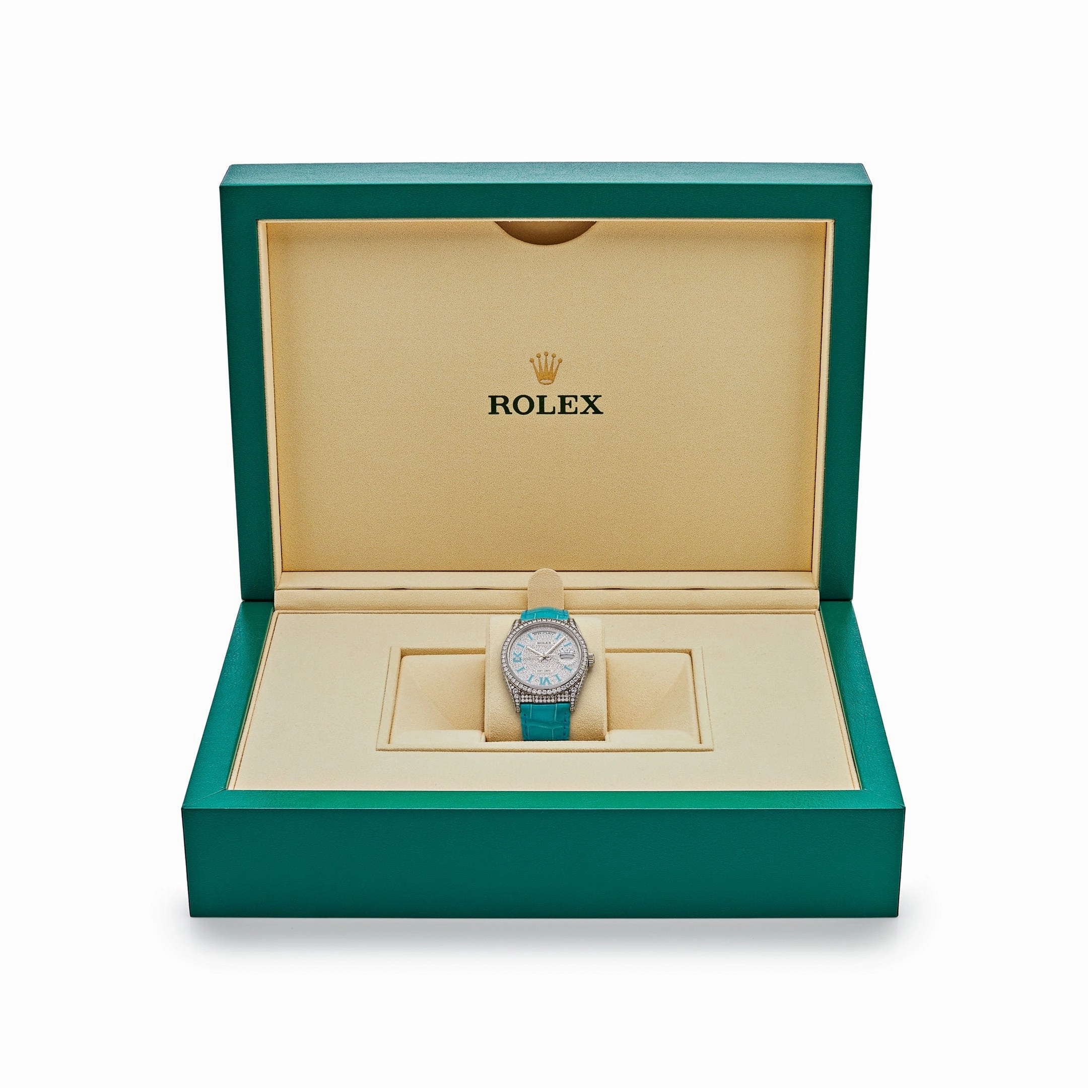 Rolex Day-Date 36 128159RBR White Gold Diamond Roman Dial (2021)
