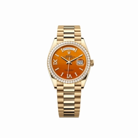 Rolex Day-Date 36 128348RBR Yellow Gold Carnelian Dial Diamond Bezel