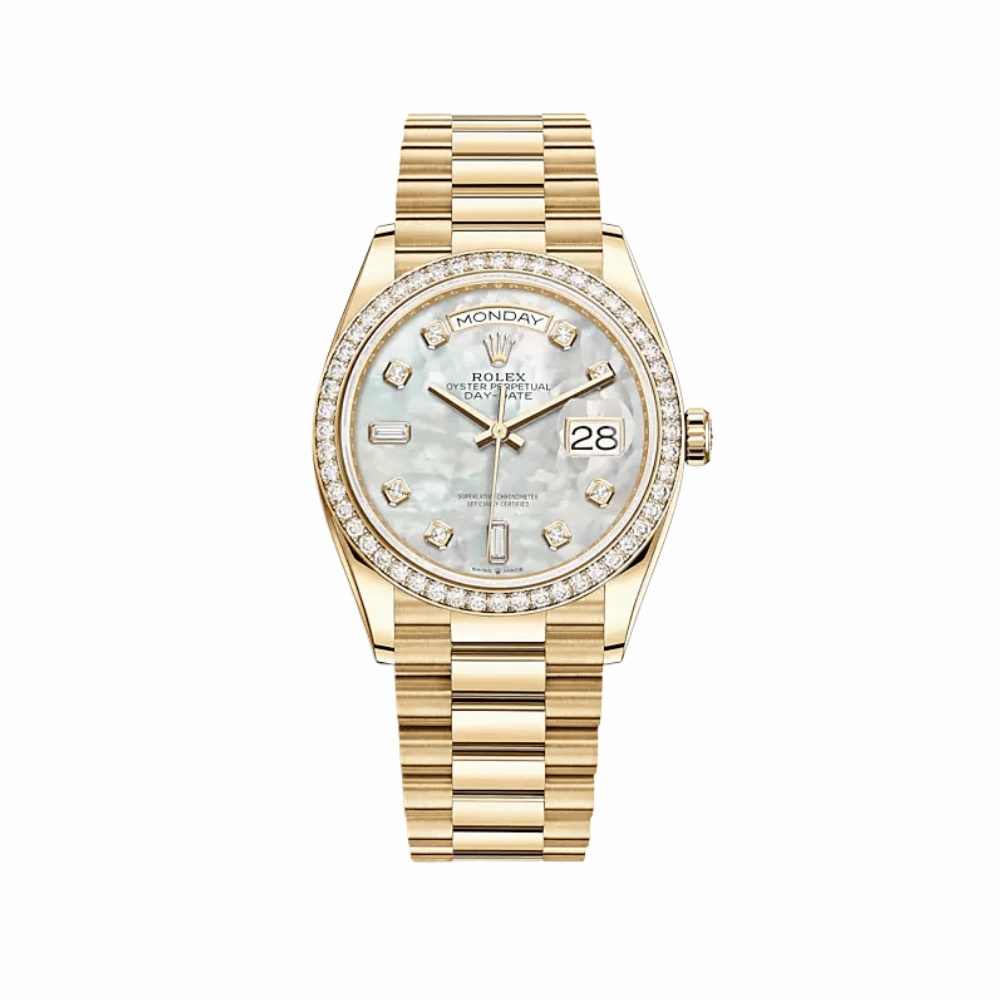 Rolex Day-Date 36 128348RBR Yellow Gold Diamond Bezel Mother of Pearl Diamond Dial