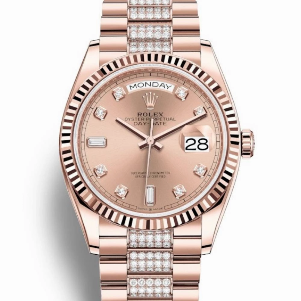Rolex Day Date 36mm - Ref: 128235-0019 - Rose Diamond Dial & Diamond Bezel, 18K Rose Gold & Diamonds President Bracelet Watch