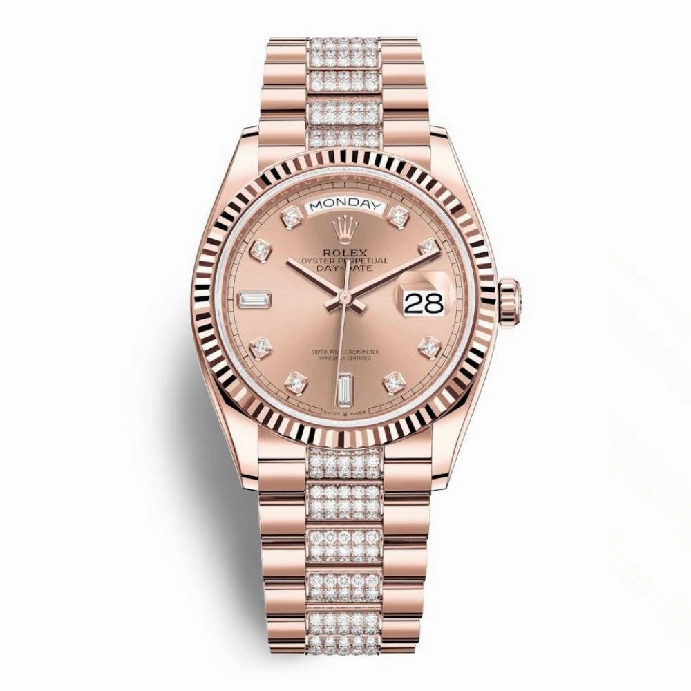 Rolex Day Date 36mm - Ref: 128235-0019 - Rose Diamond Dial & Diamond Bezel, 18K Rose Gold & Diamonds President Bracelet Watch