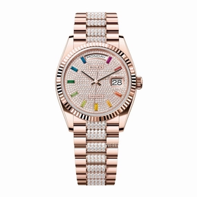 Rolex Day Date 36mm - Ref: 128235-0040 - Pave Rainbow Diamond Dial & Fluted Bezel, 18K Rose Gold & Diamonds President Bracelet Watch