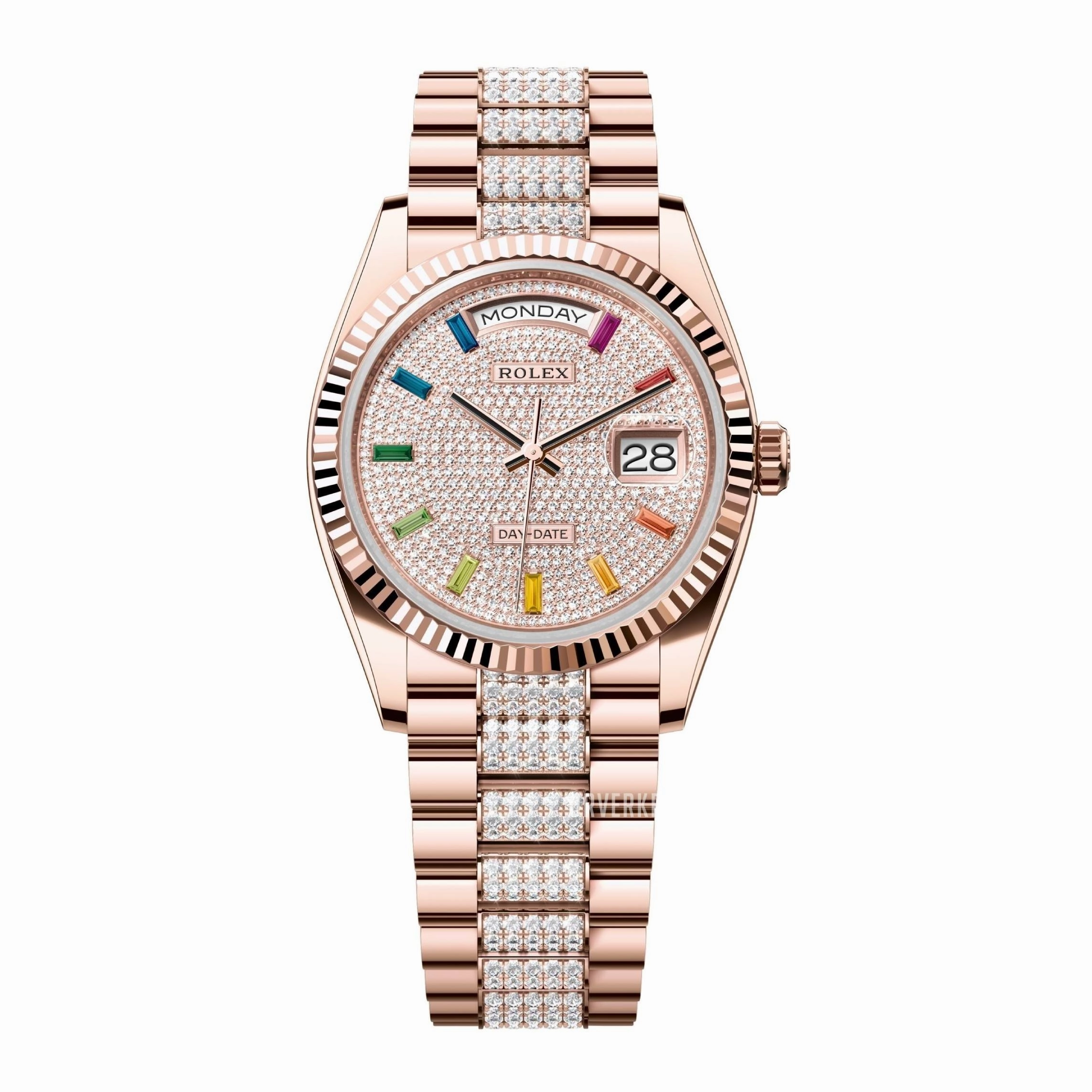 Rolex Day Date 36mm - Ref: 128235-0040 - Pave Rainbow Diamond Dial & Fluted Bezel, 18K Rose Gold & Diamonds President Bracelet Watch
