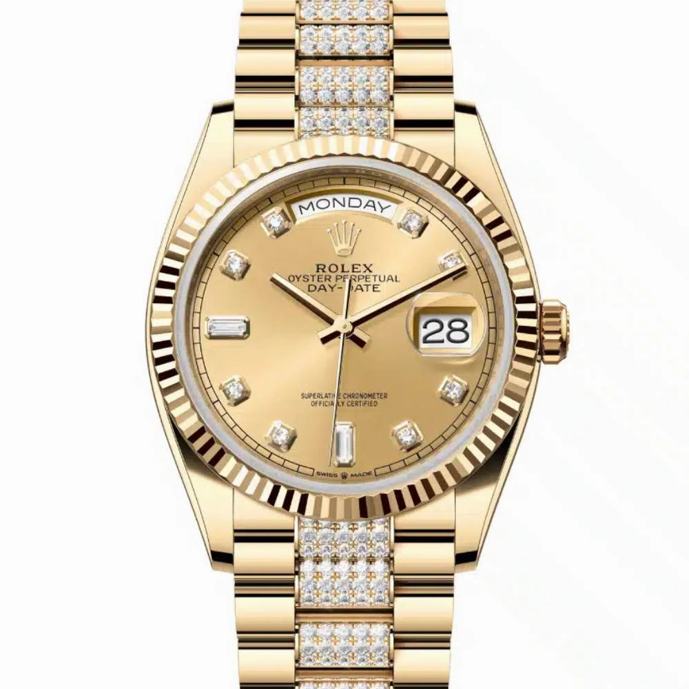 Rolex Day Date 36mm - Ref: 128238-0026 - Champagne Diamond Dial & Fluted Bezel, 18K Yellow Gold & Diamonds President Bracelet Watch