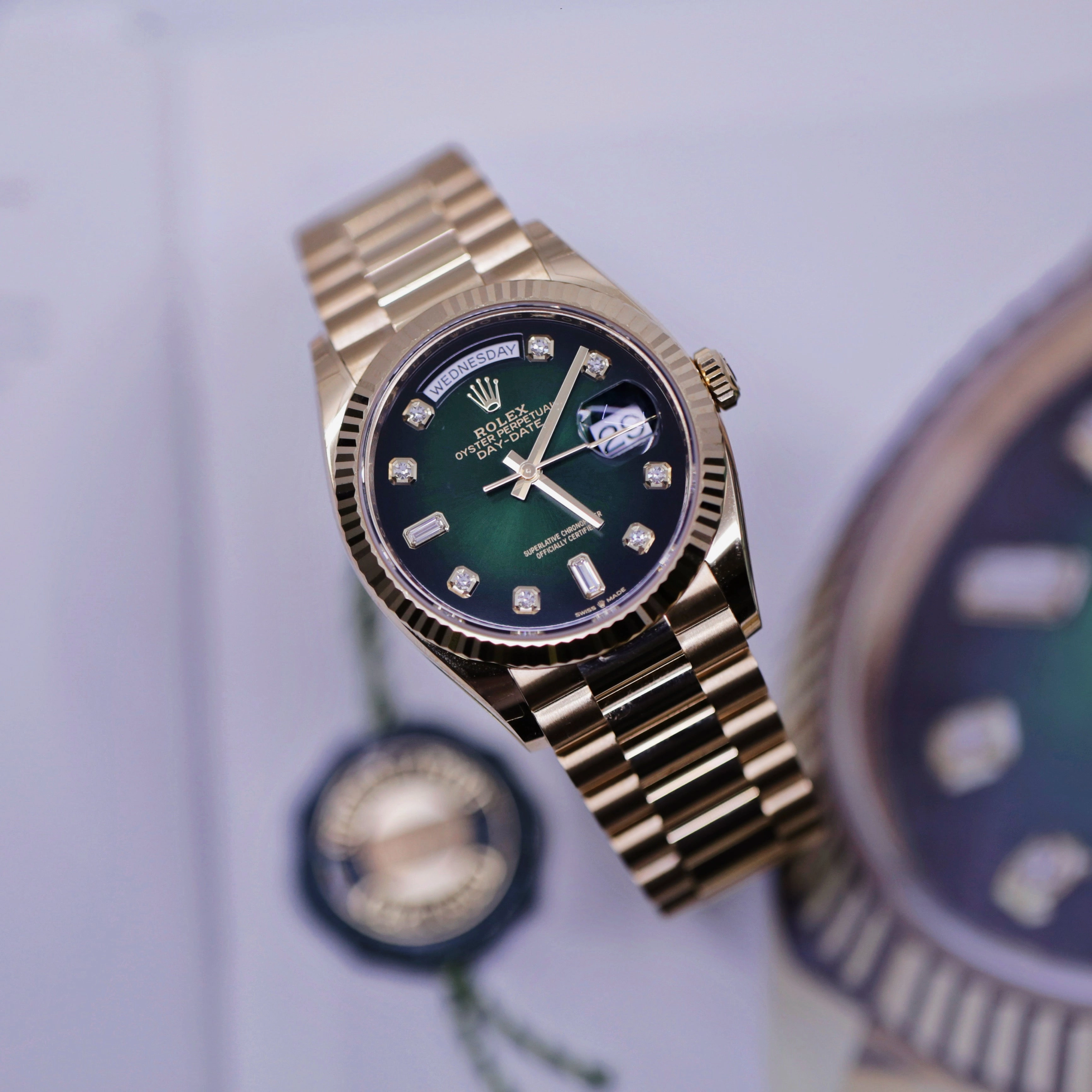 Rolex Day Date 36mm - Ref: 128238-0069 - Green Ombre Diamond Dial, 18K Yellow Gold President Bracelet Watch