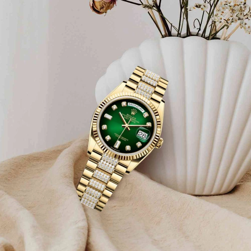 Rolex Day Date 36mm - Ref: 128238-0070 - Green Ombre Diamond Dial & Fluted Bezel, 18K Yellow Gold & Diamonds President Bracelet Watch