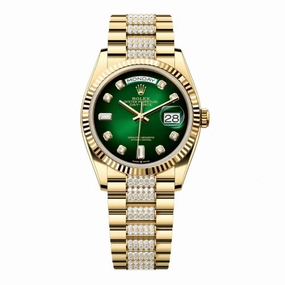 Rolex Day Date 36mm - Ref: 128238-0070 - Green Ombre Diamond Dial & Fluted Bezel, 18K Yellow Gold & Diamonds President Bracelet Watch