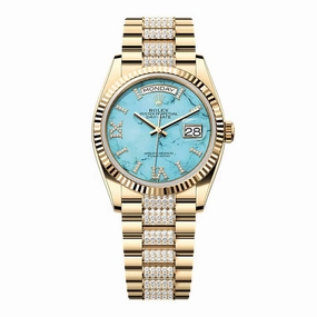 Rolex Day Date 36mm - Ref: 128238-0072 - Tiffany Blue Turquoise Roman Diamond Dial & Fluted Bezel, 18K Yellow Gold & Diamonds President Bracelet Watch