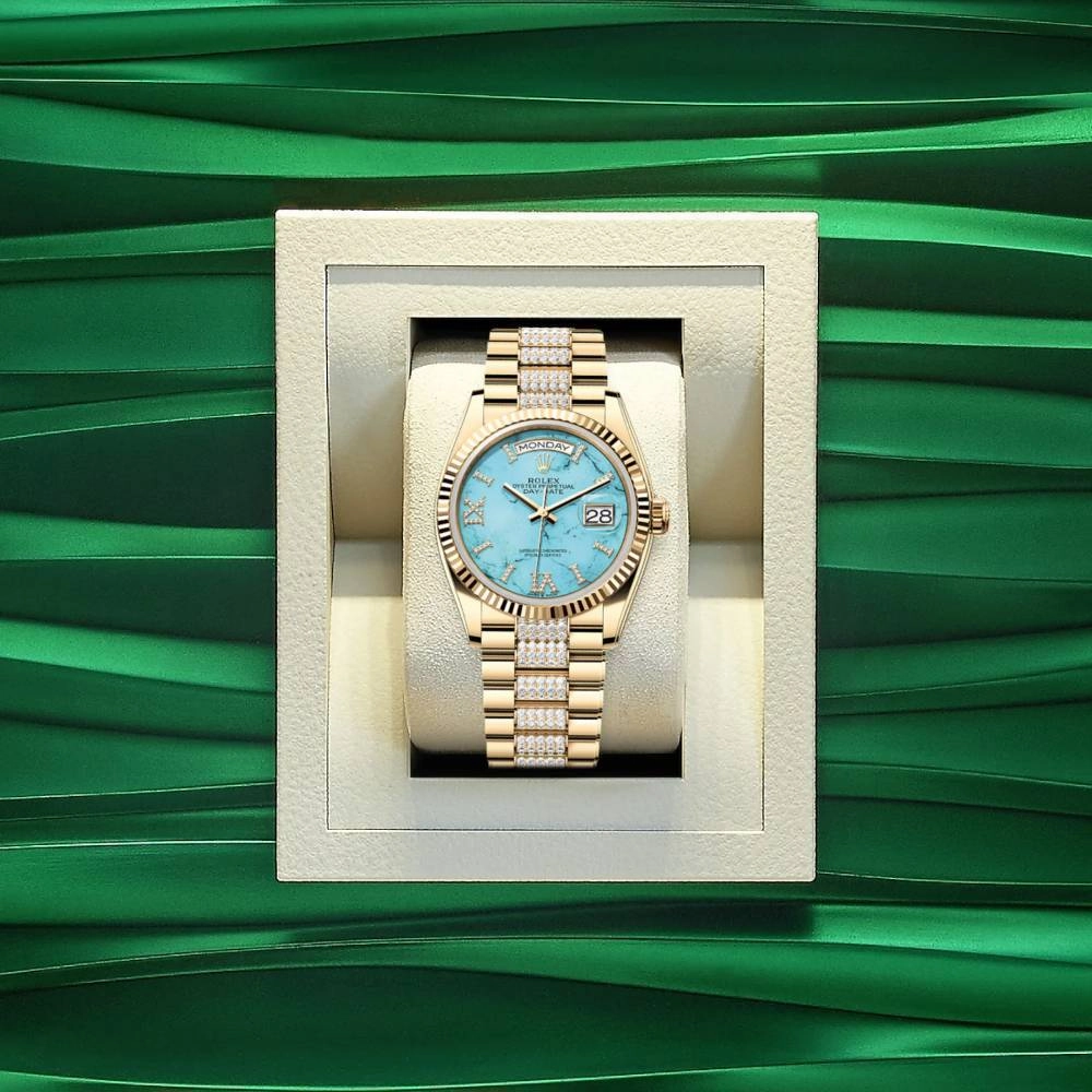 Rolex Day Date 36mm - Ref: 128238-0072 - Tiffany Blue Turquoise Roman Diamond Dial & Fluted Bezel, 18K Yellow Gold & Diamonds President Bracelet Watch
