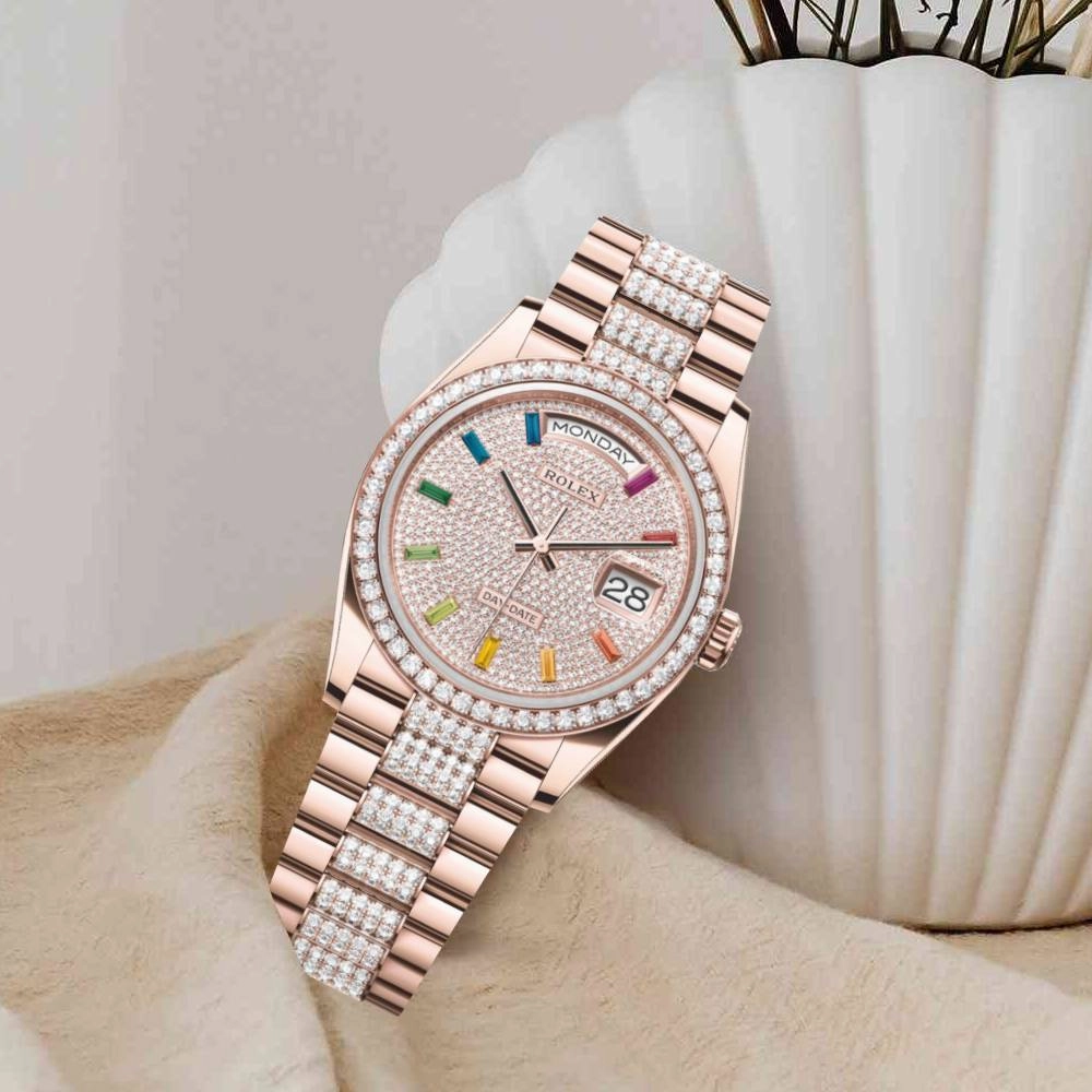 Rolex Day Date 36mm - Ref: 128345rbr-0043 - Pave Rainbow Diamond Dial & Diamond Bezel, 18K Rose Gold & Diamonds President Bracelet Watch