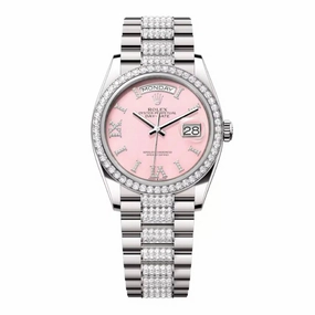Rolex Day Date 36mm - Ref: 128349rbr-0017 - Pink Opal Diamond Dial & Diamond Bezel, 18K White Gold & Diamonds President Bracelet Watch