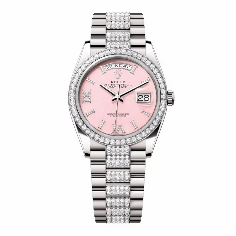 Rolex Day Date 36mm - Ref: 128349rbr-0017 - Pink Opal Diamond Dial & Diamond Bezel, 18K White Gold & Diamonds President Bracelet Watch