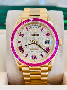 Rolex Day-Date 40 228238  Custom Diamond Roman Pink Ruby  Custom Ruby Bezel Box and Papers MINT