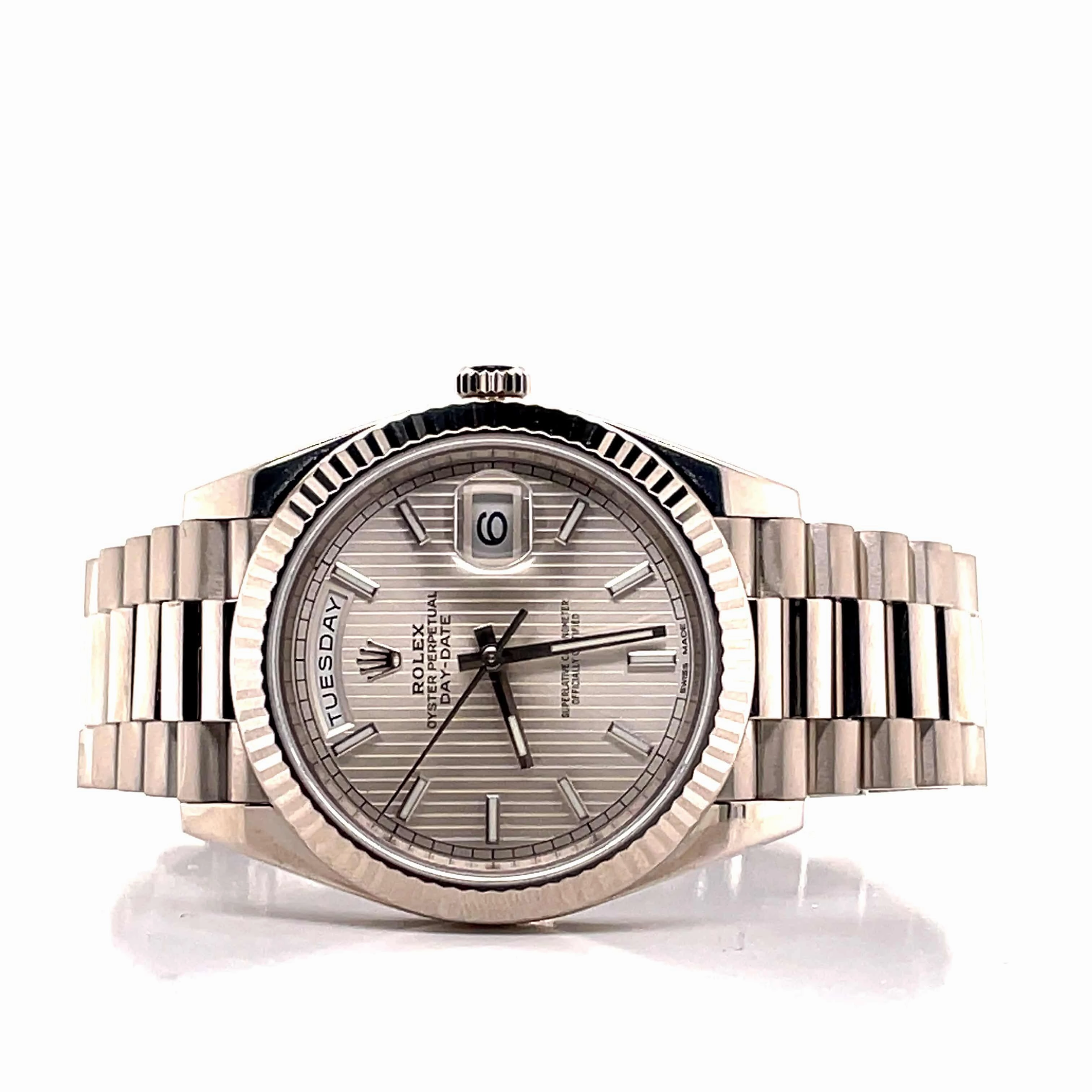 Rolex Day-Date 40 228239 Silver Tuxedo Pre-Owned Box and Papers