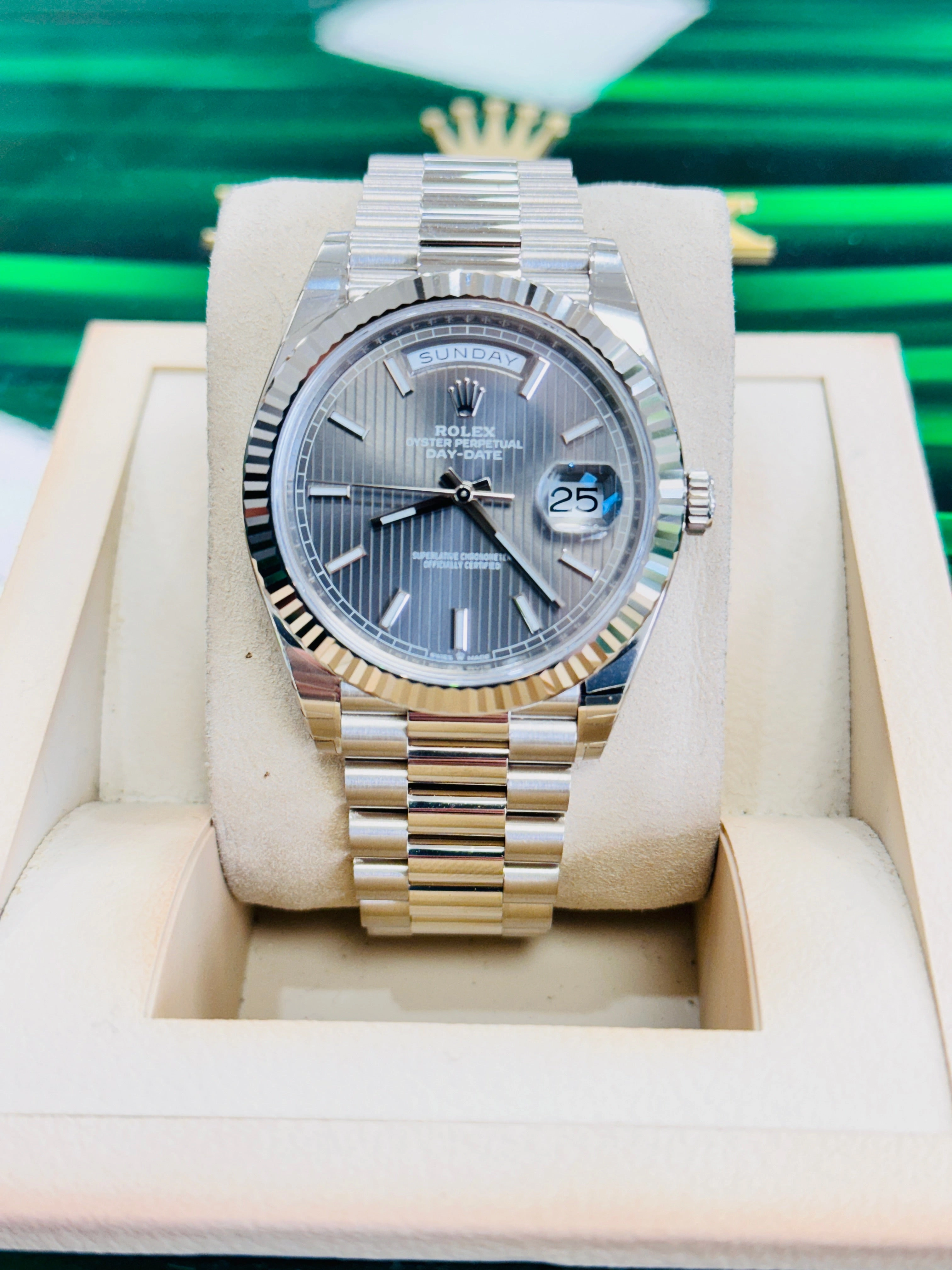 Rolex Day-Date 40 228239 White Gold Dark Rhodium Stripe Motif Dial Box and Papers UNWORN FULLY STICKRED!