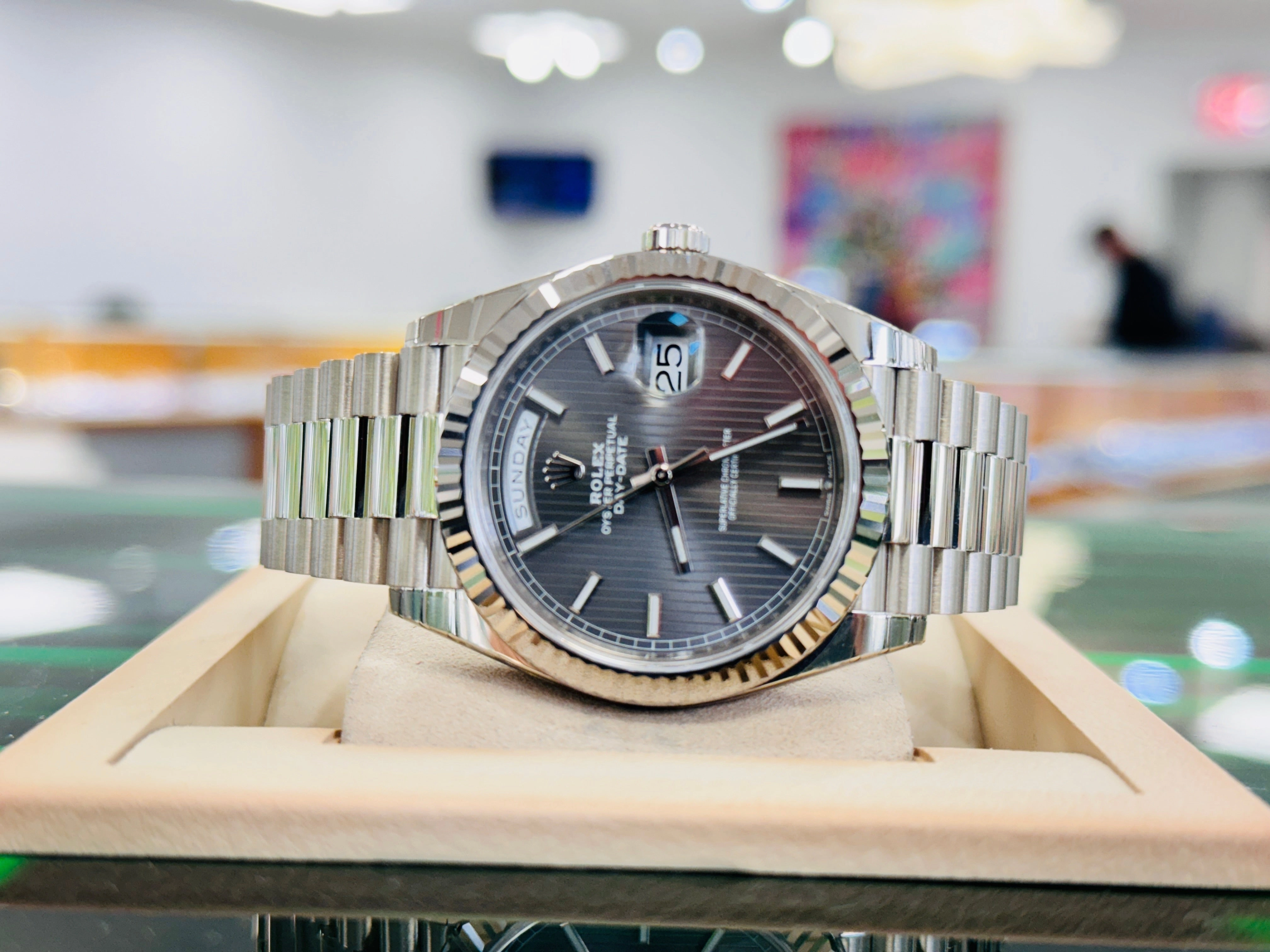 Rolex Day-Date 40 228239 White Gold Dark Rhodium Stripe Motif Dial Box and Papers UNWORN FULLY STICKRED!