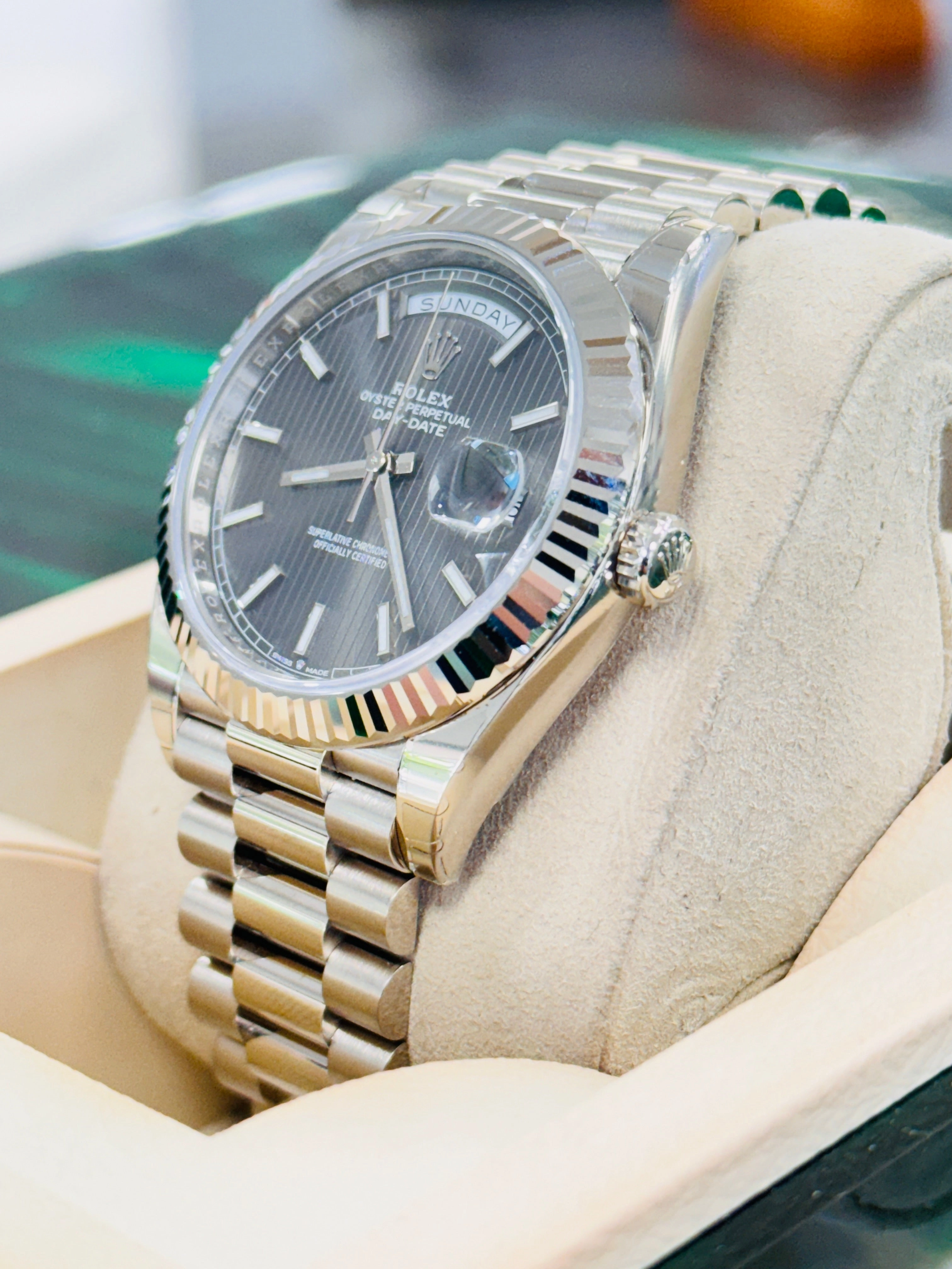 Rolex Day-Date 40 228239 White Gold Dark Rhodium Stripe Motif Dial Box and Papers UNWORN FULLY STICKRED!