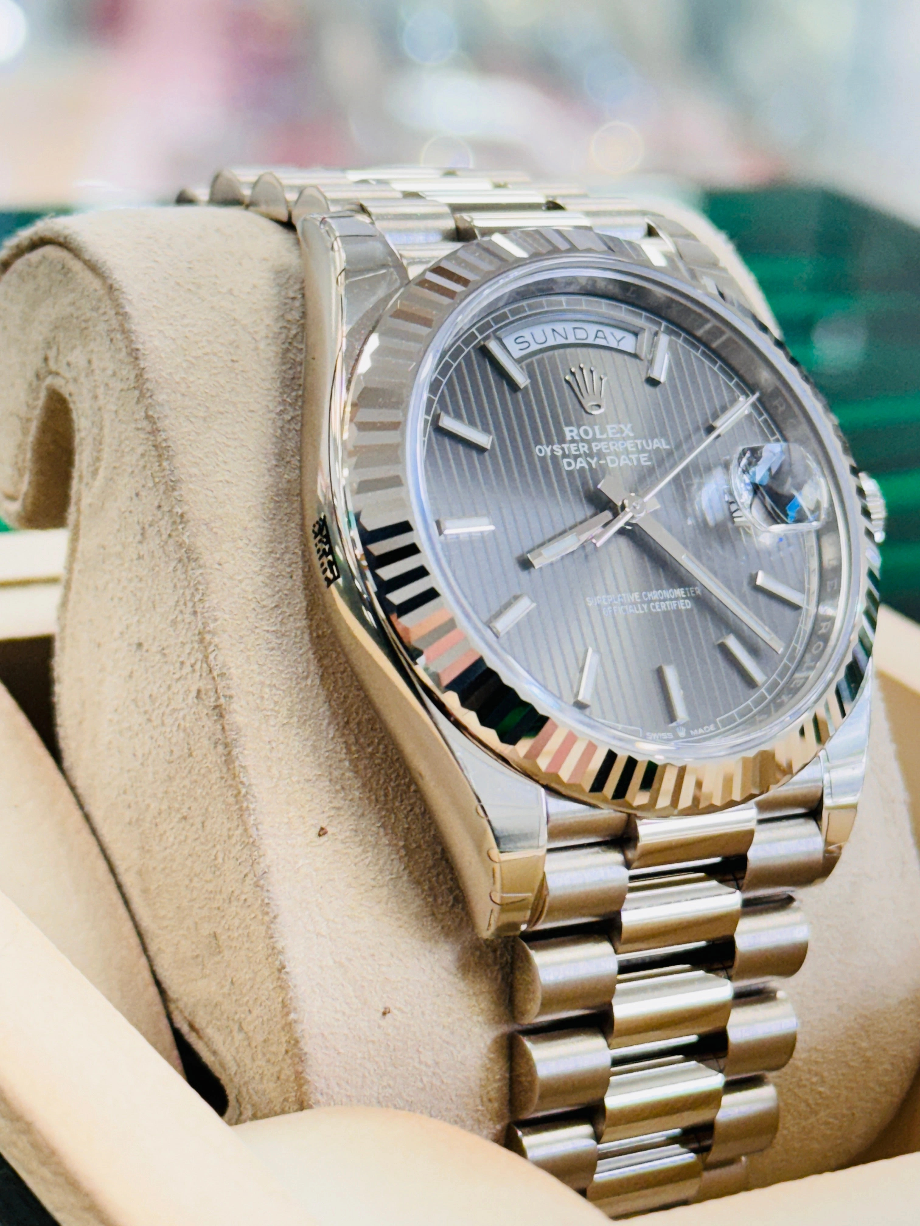 Rolex Day-Date 40 228239 White Gold Dark Rhodium Stripe Motif Dial Box and Papers UNWORN FULLY STICKRED!