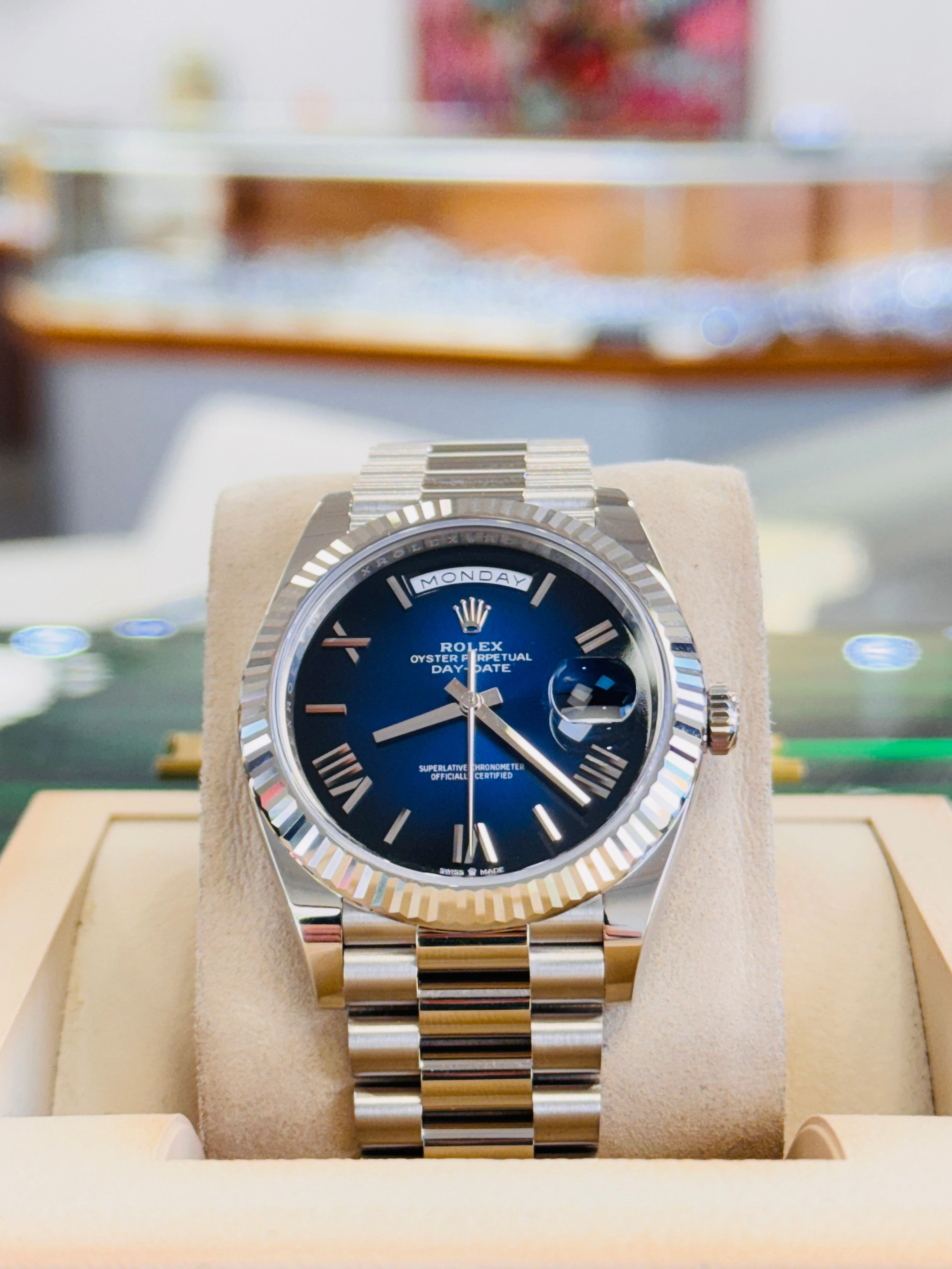 Rolex Day-Date 40 228239 White Gold Fluted Bezel Blue Ombre Dial President Bracelet  Unworn Box and Papers