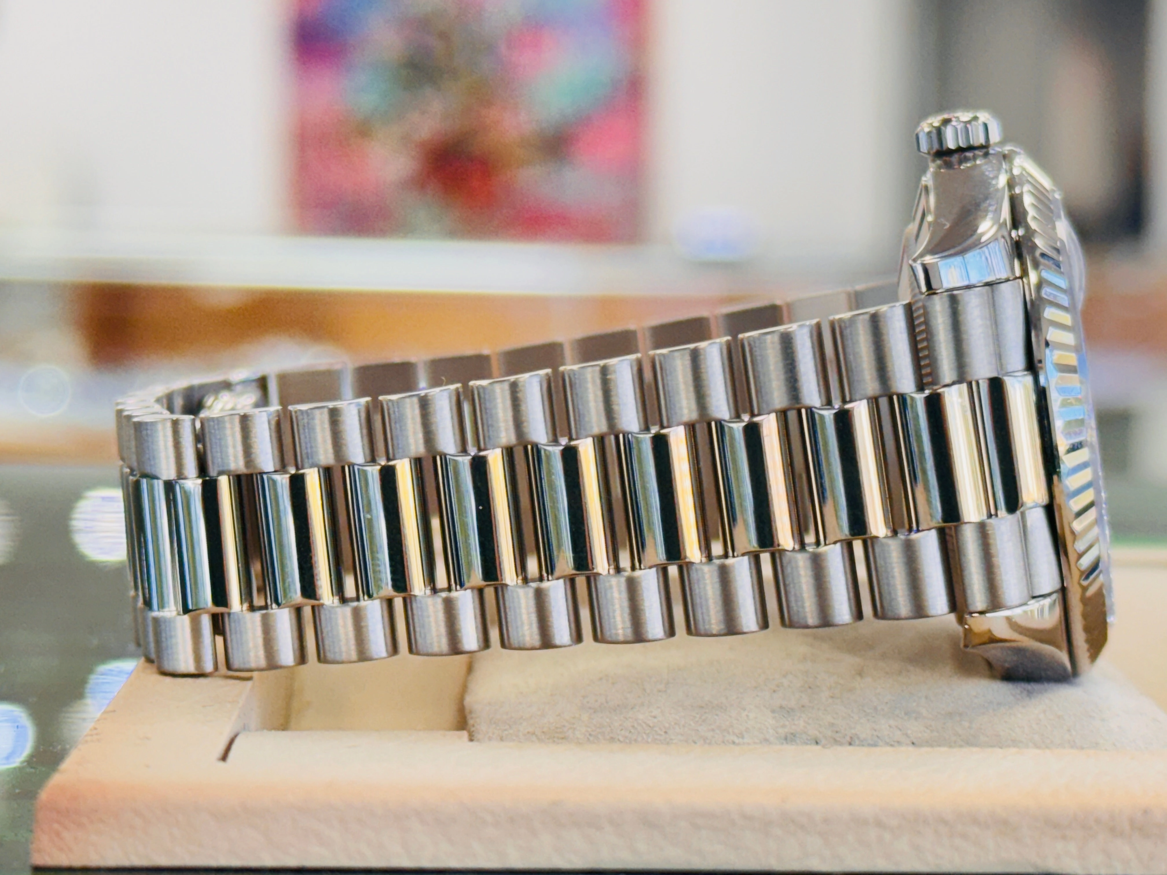 Rolex Day-Date 40 228239 White Gold Fluted Bezel  Factory Paved Diamond and Sapphire Dial  President Bracelet  Box and Papers  MINT