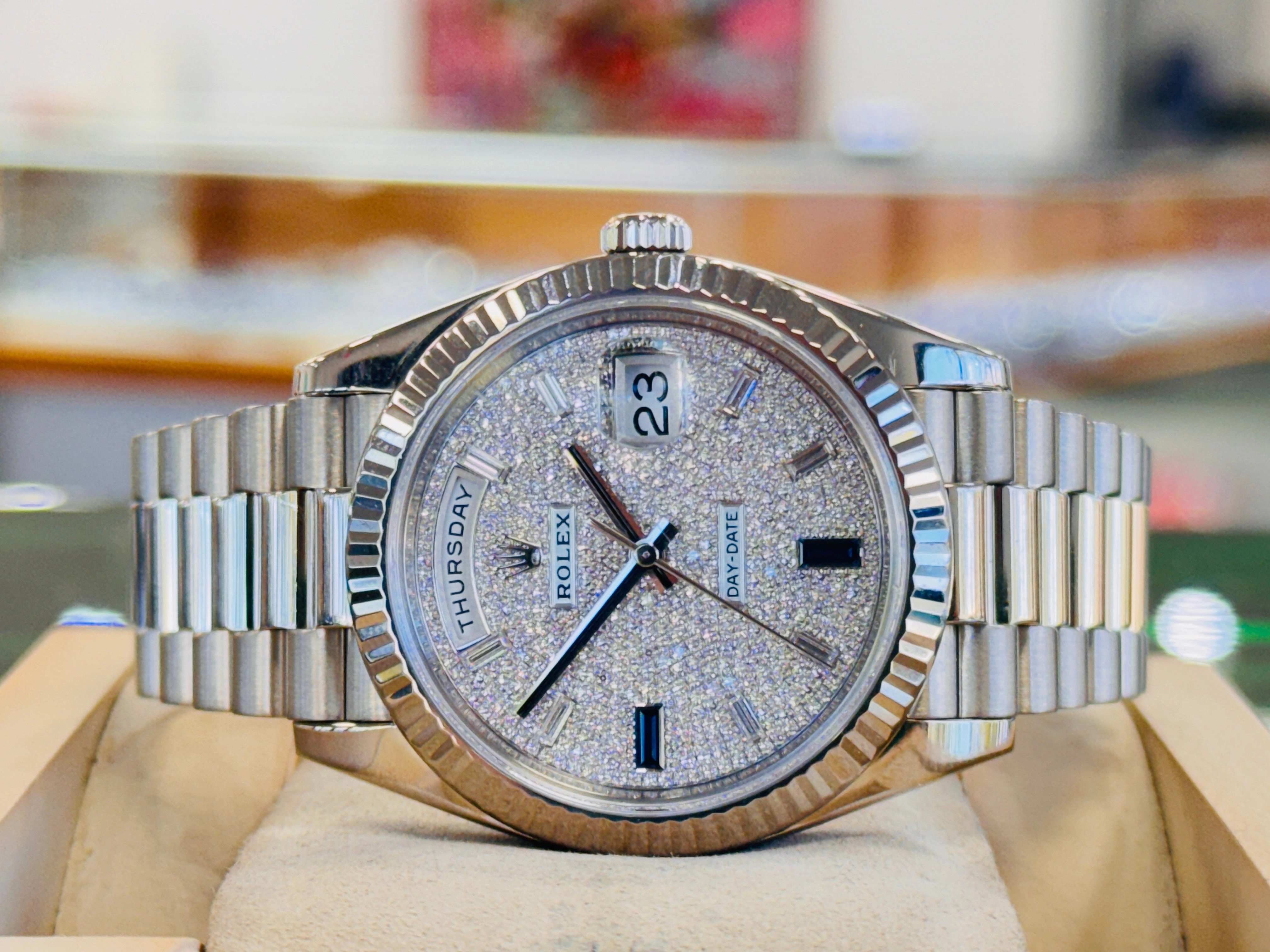 Rolex Day-Date 40 228239 White Gold Fluted Bezel  Factory Paved Diamond and Sapphire Dial  President Bracelet  Box and Papers  MINT